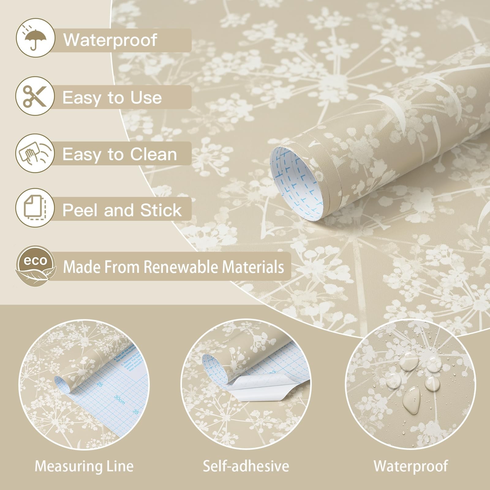Safiyya Peel and Stick Wallpaper Floral Contact Paper 78.7" x 17.3" Beige Wal…