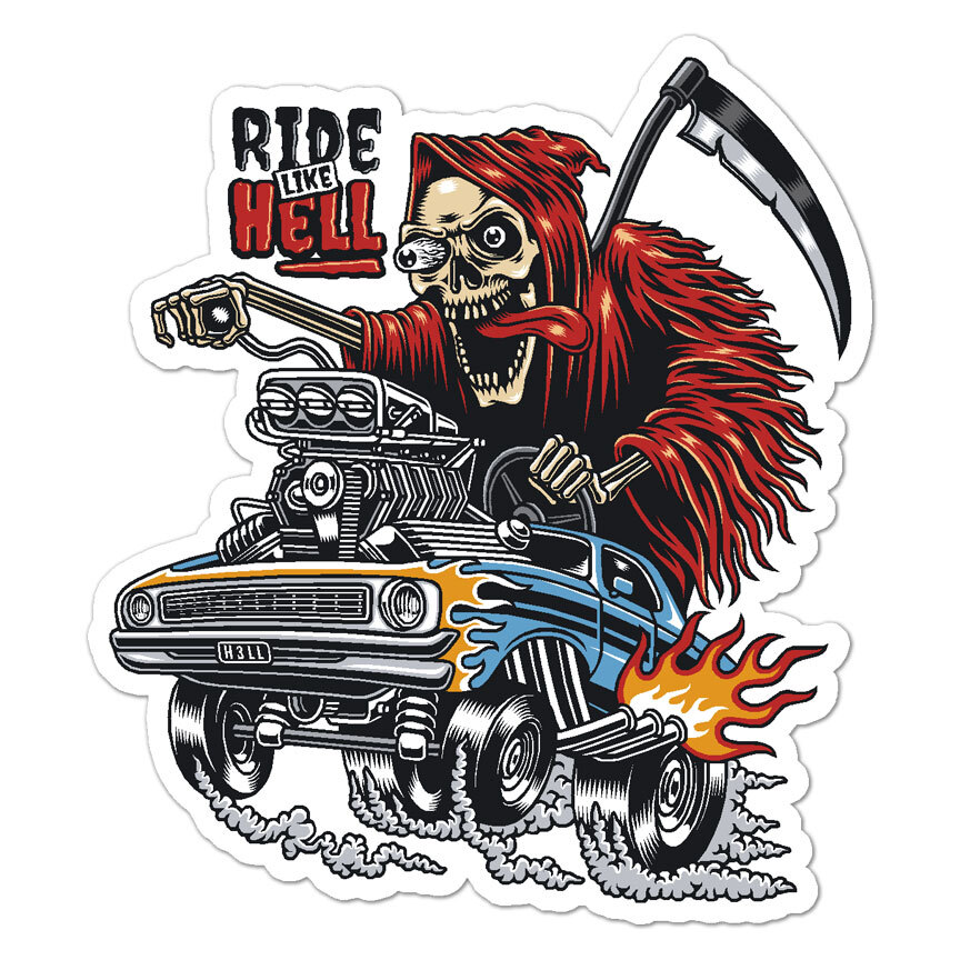 Grim Reaper Ride Hell, Vinyl Decal Sticker, Indoor Outdoor, 3 Sizes, #9083