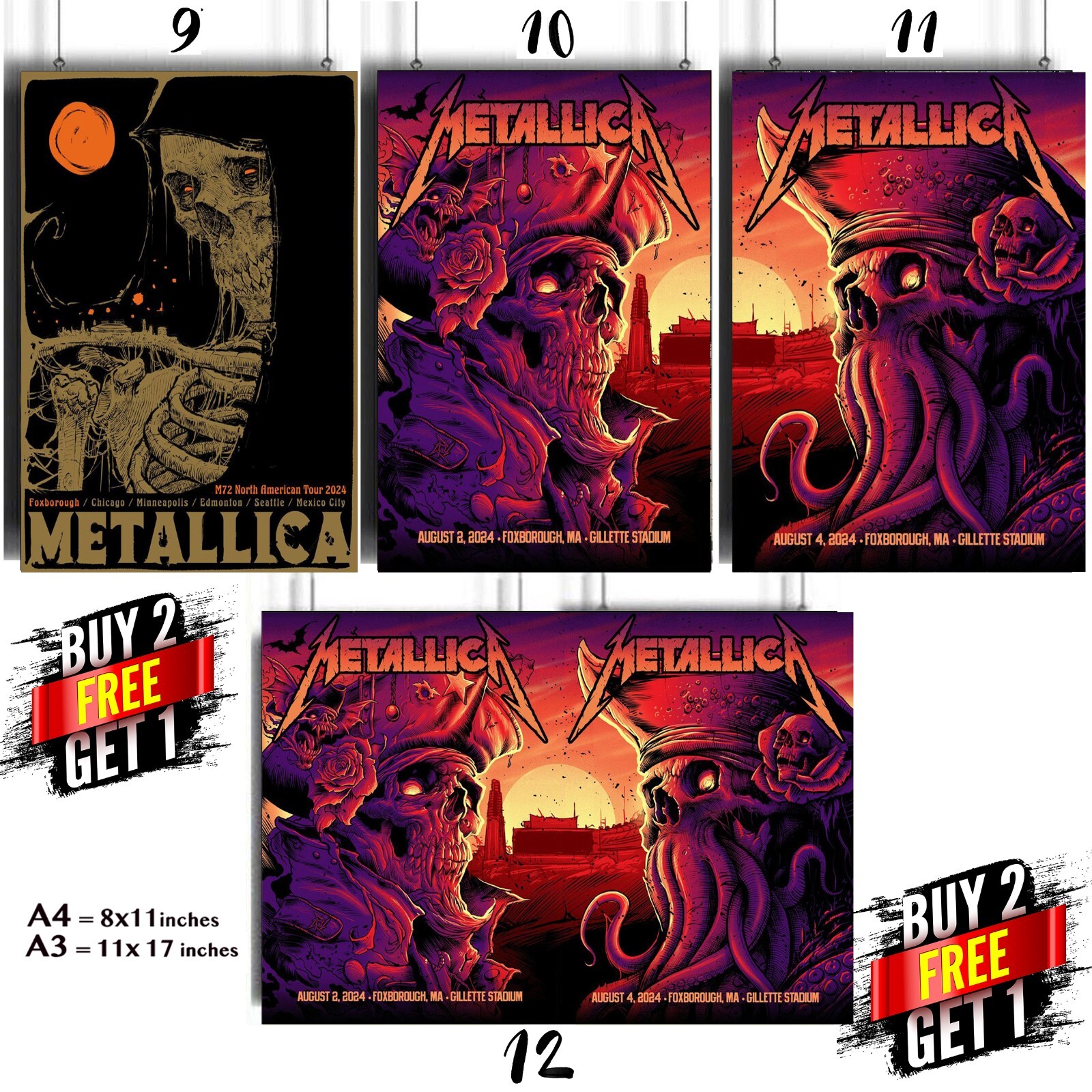 METALLICA M72 North Tour 2024 Poster Foxborough Chicago Minneapolis Seattle 🎸🤘