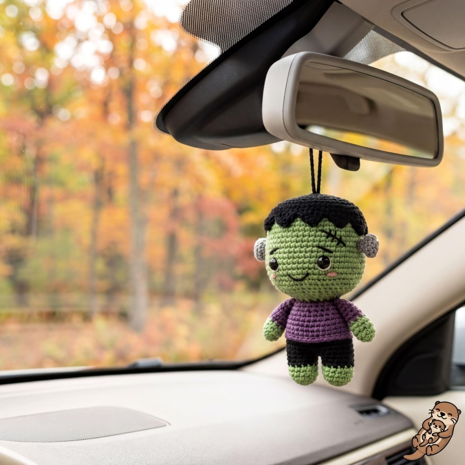 Handmade Frankenstein Crochet Car Charm, Green Monster Halloween Decor
