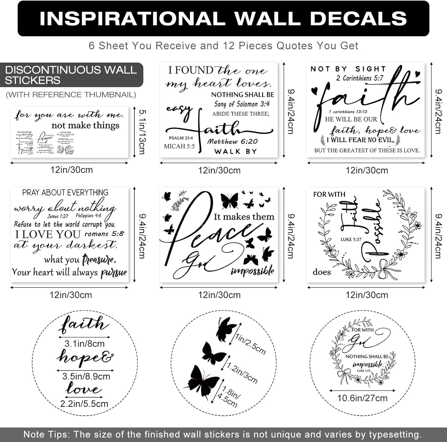 12 Styles Inspirational Wall Decals Peel and Stick Vinyl Bible Verse Wall Decals
