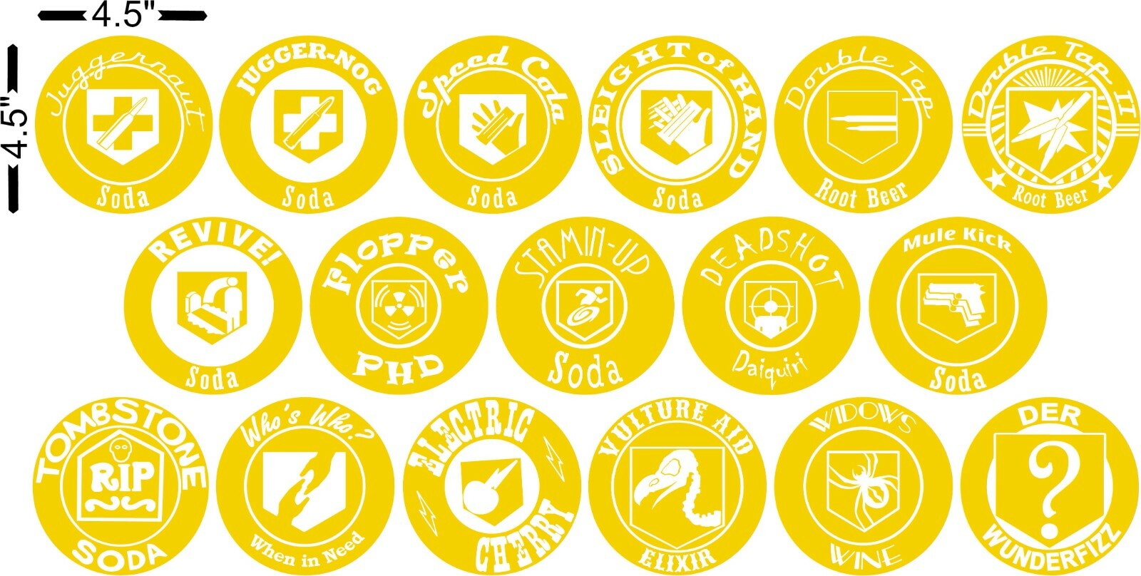 Full Set of 17 Zombie Perk Logo Stickers for Indoor – 4.5 inch Gaming Decals