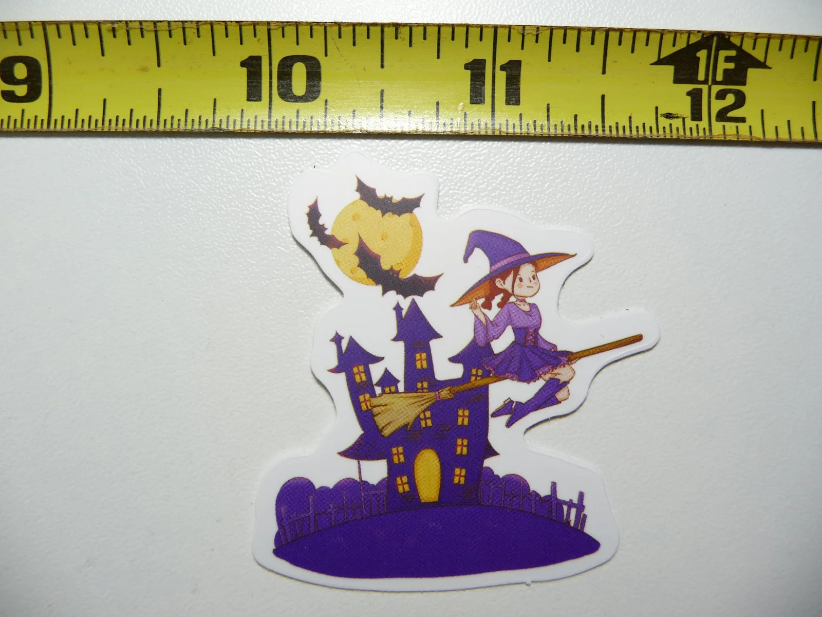 HALLOWEEN NICE GIRL WITCH BROOM HOUSE SMALL STICKER DECAL FALL SEASON DECORATION