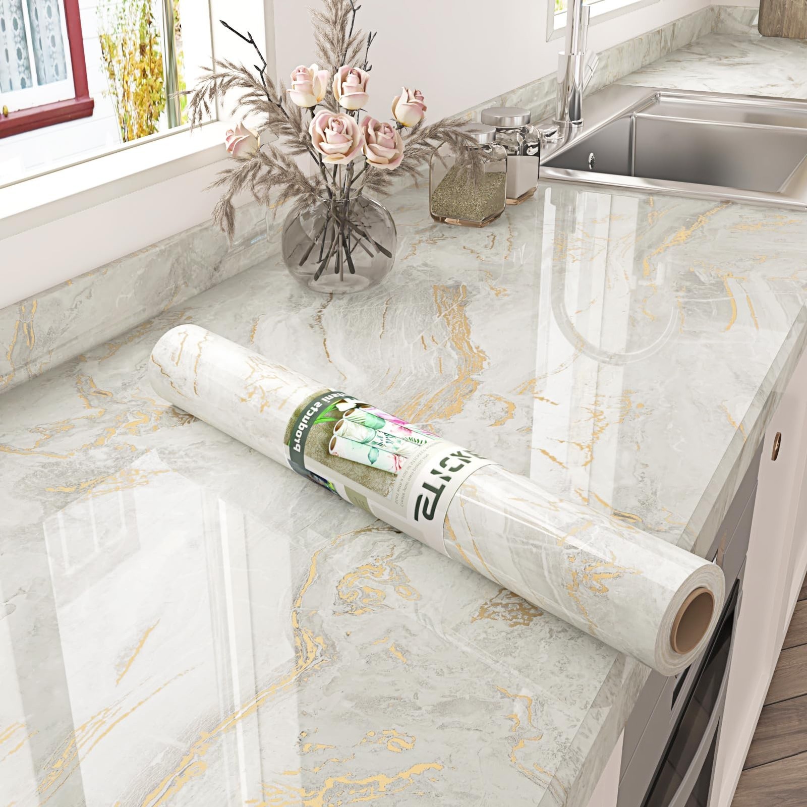 Beige/Gold Marble Contact Paper Peel and Stick Countertop Shiny Marble Counte…