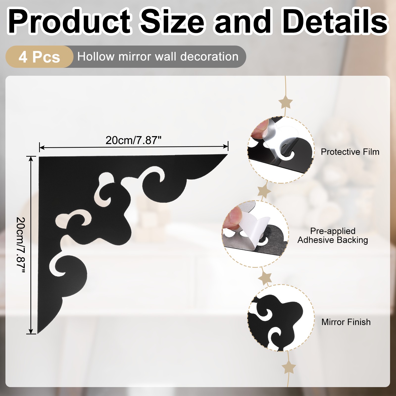 4Pcs Corner Decorative Pattern Hollow Mirror Wall Stickers(Black, 7.9×7.9")