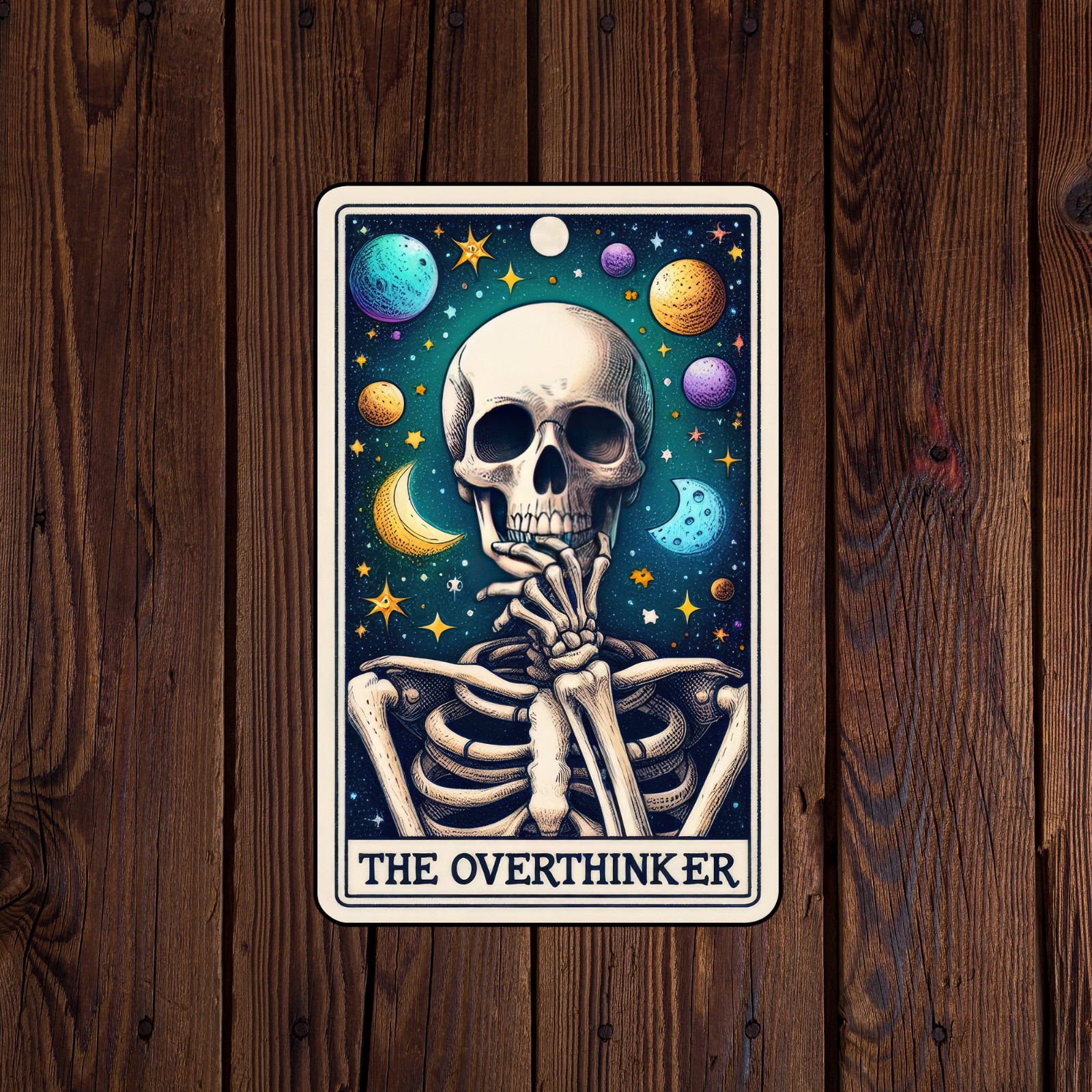 Tarot card sticker vinyl decal the overthinker skeleton moon planets stars mug
