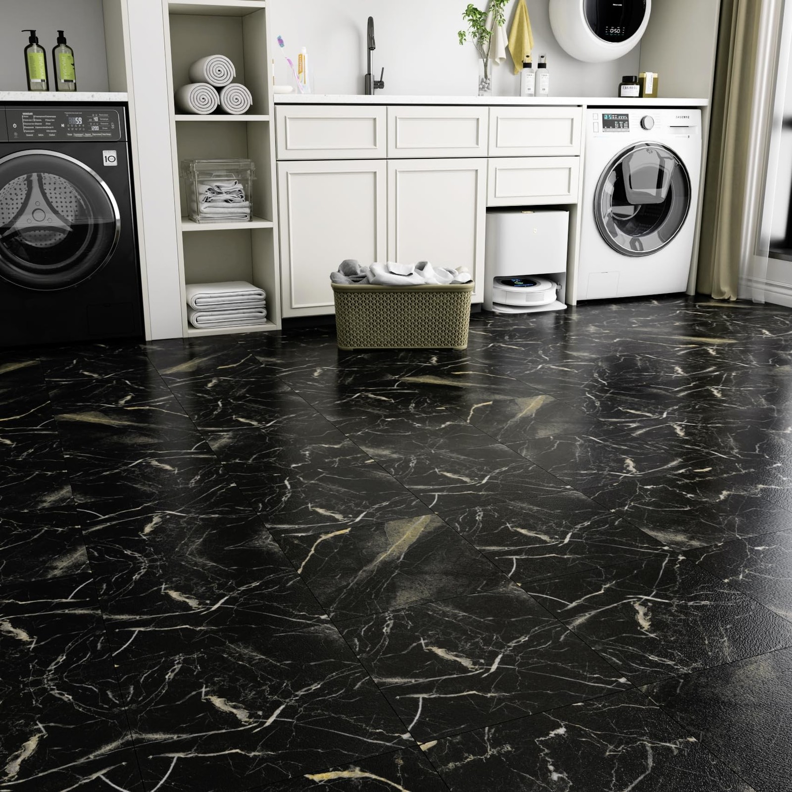 LaCheery 12×12 Peel and Stick Floor Tile Waterproof Bathroom Black Marble Pee…