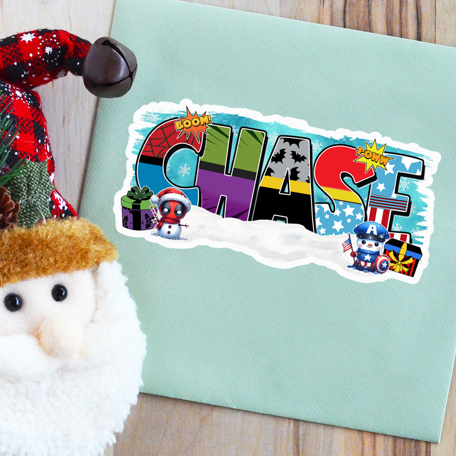 Custom Name Sticker · Personalized Vinyl Decal · Superhero Theme · Christmas