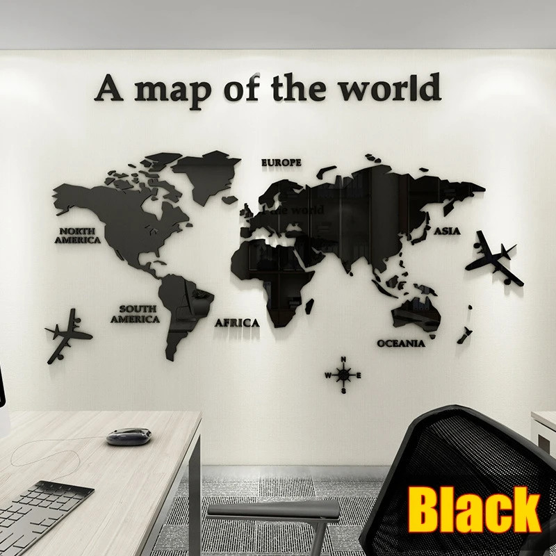 3D World Map Wall Sticker Acrylic Solid Color Crystal Bedroom Wall With Living