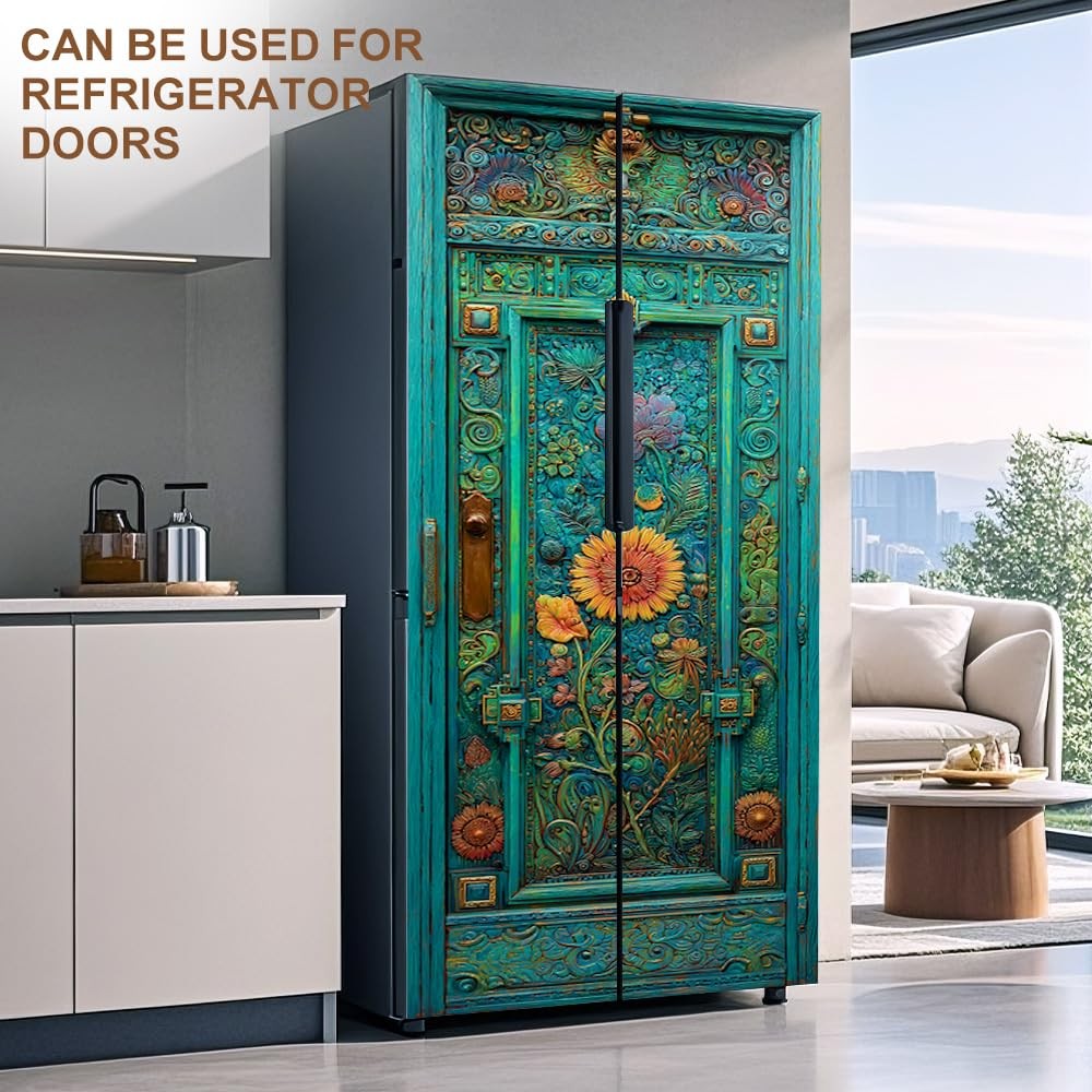 Cmialusie Peel and Stick Door Wallpaper 30.31 x 78.74 Inch Turquoise Floral V…