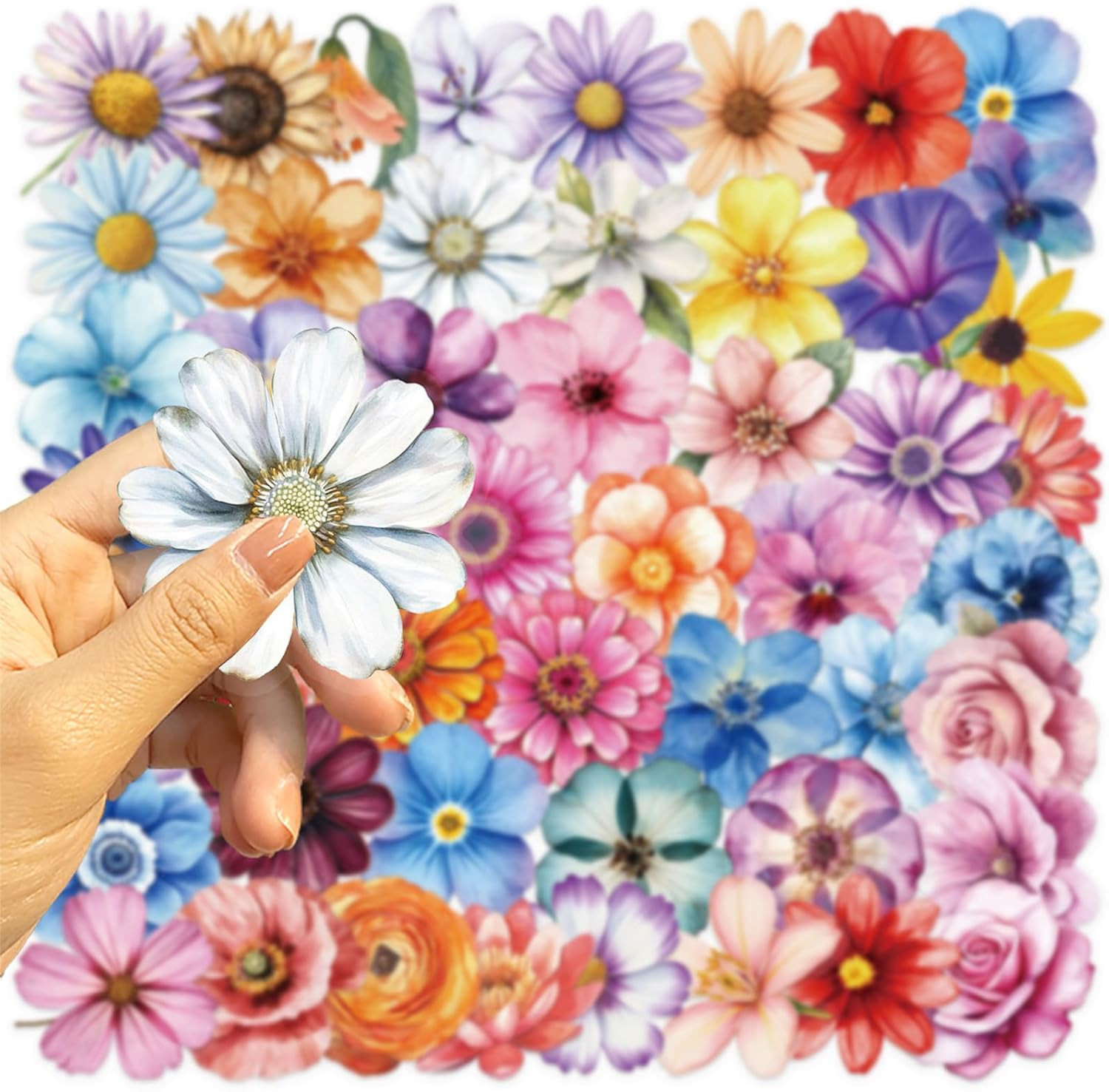 50PCS Flower Stickers PET Transparent Stickers Colorful Nature Decals Waterproof