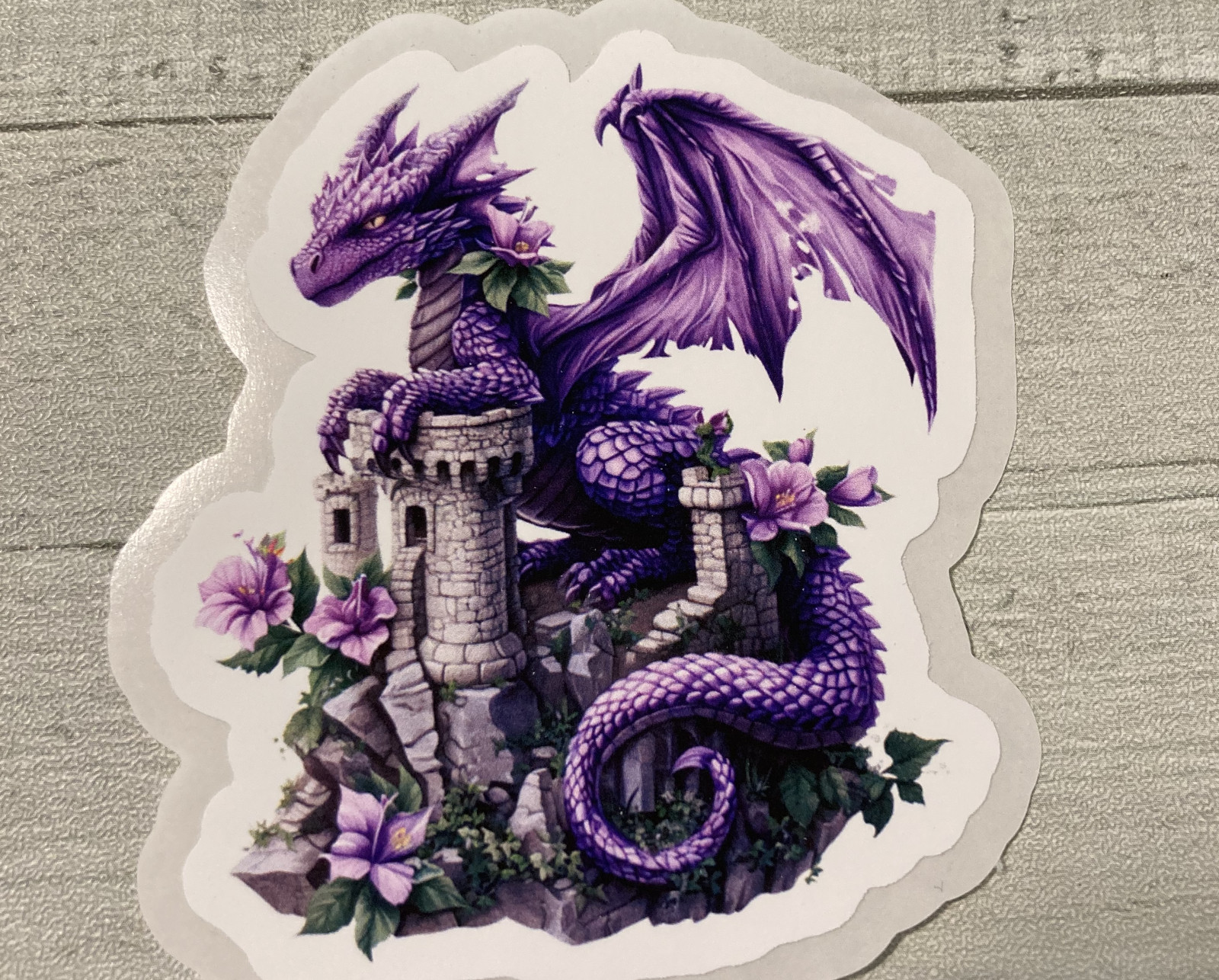 Vinyl Water Resistant Sticker Mystical Purple Dragon on a castle Sticker Decal