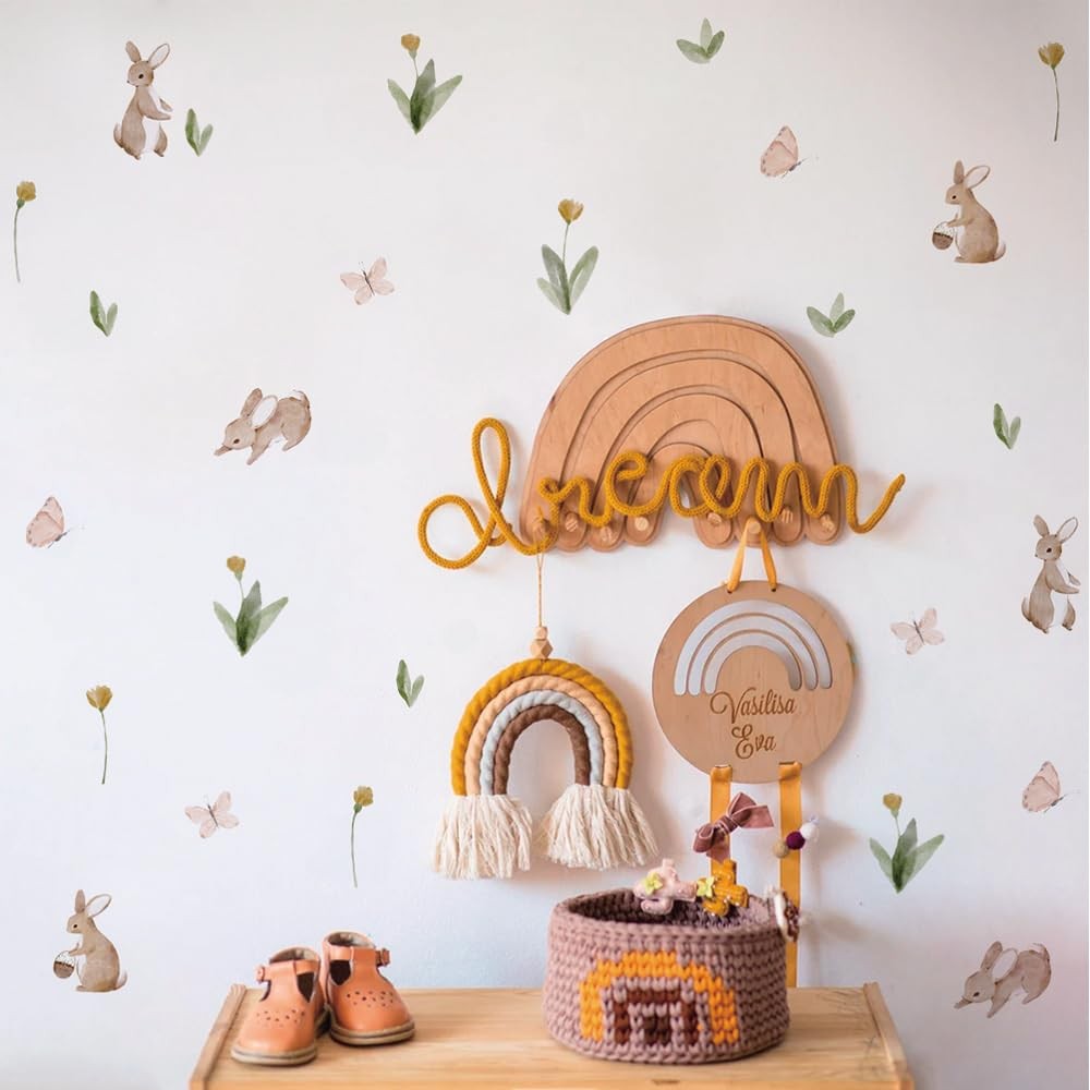 Summertime Cute Bunnies and Flowers Nursery Wall Decal, Peel and Stick Reusab…