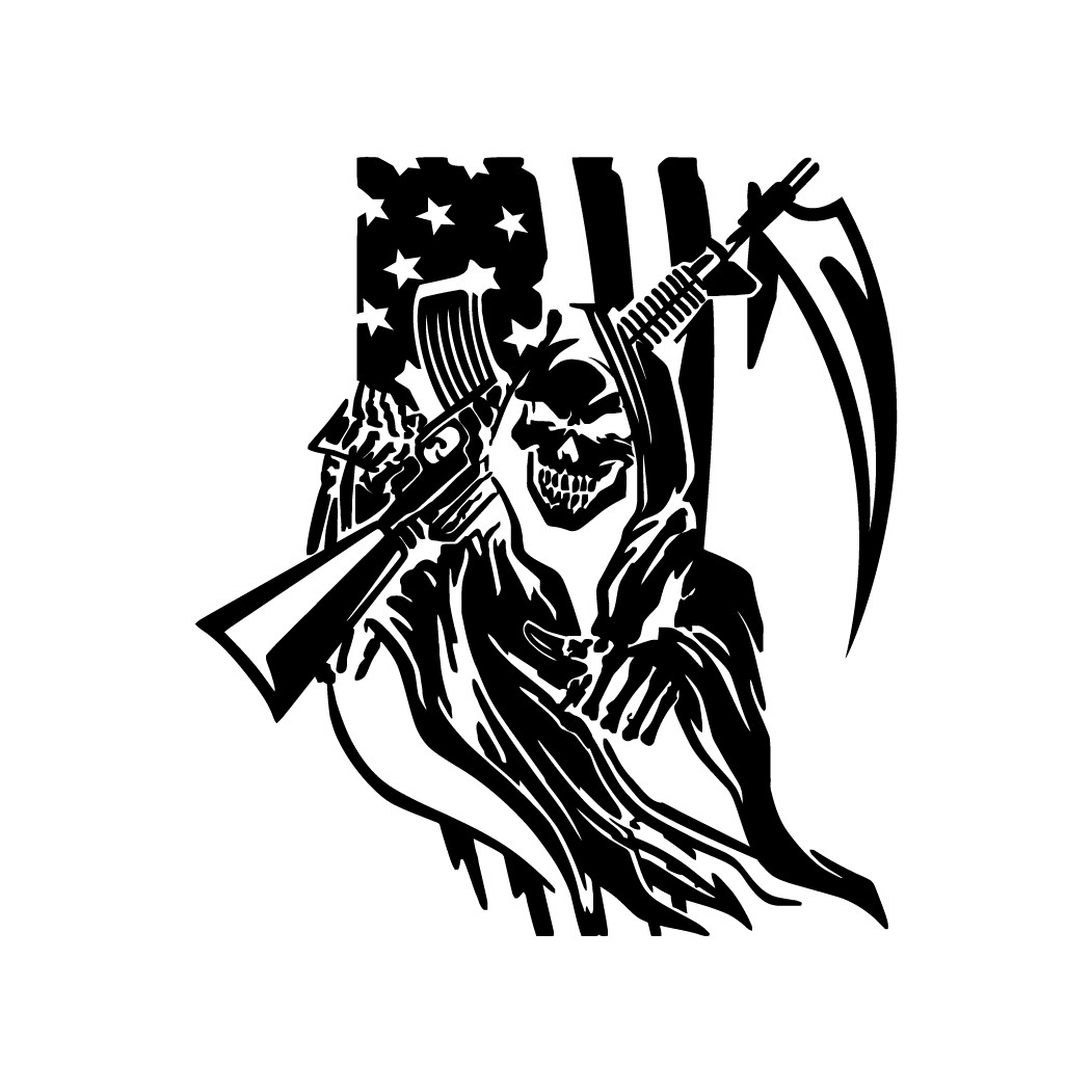Grim Reaper With American Flag Holding Machine Gun Scythe Die Cut Decal