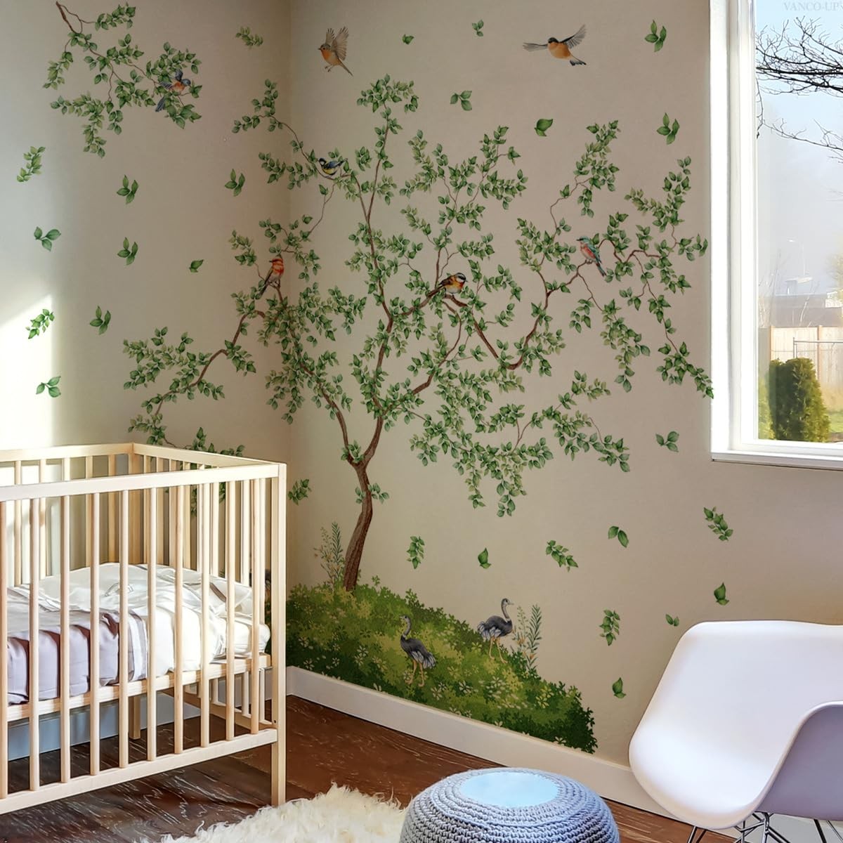 Large Green Twig Tree Wall Decals Falling Green Leaves Plants with Birds Wall…