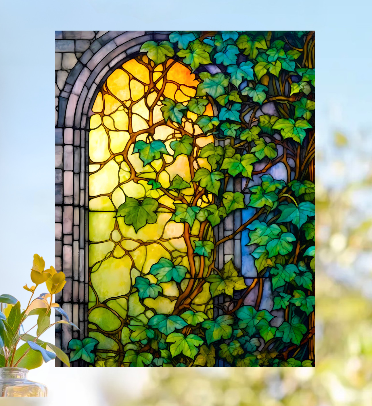 Ivy Trellis Faux Stained-Glass WINDOW CLING Suncatcher Size 10.6" Vinyl