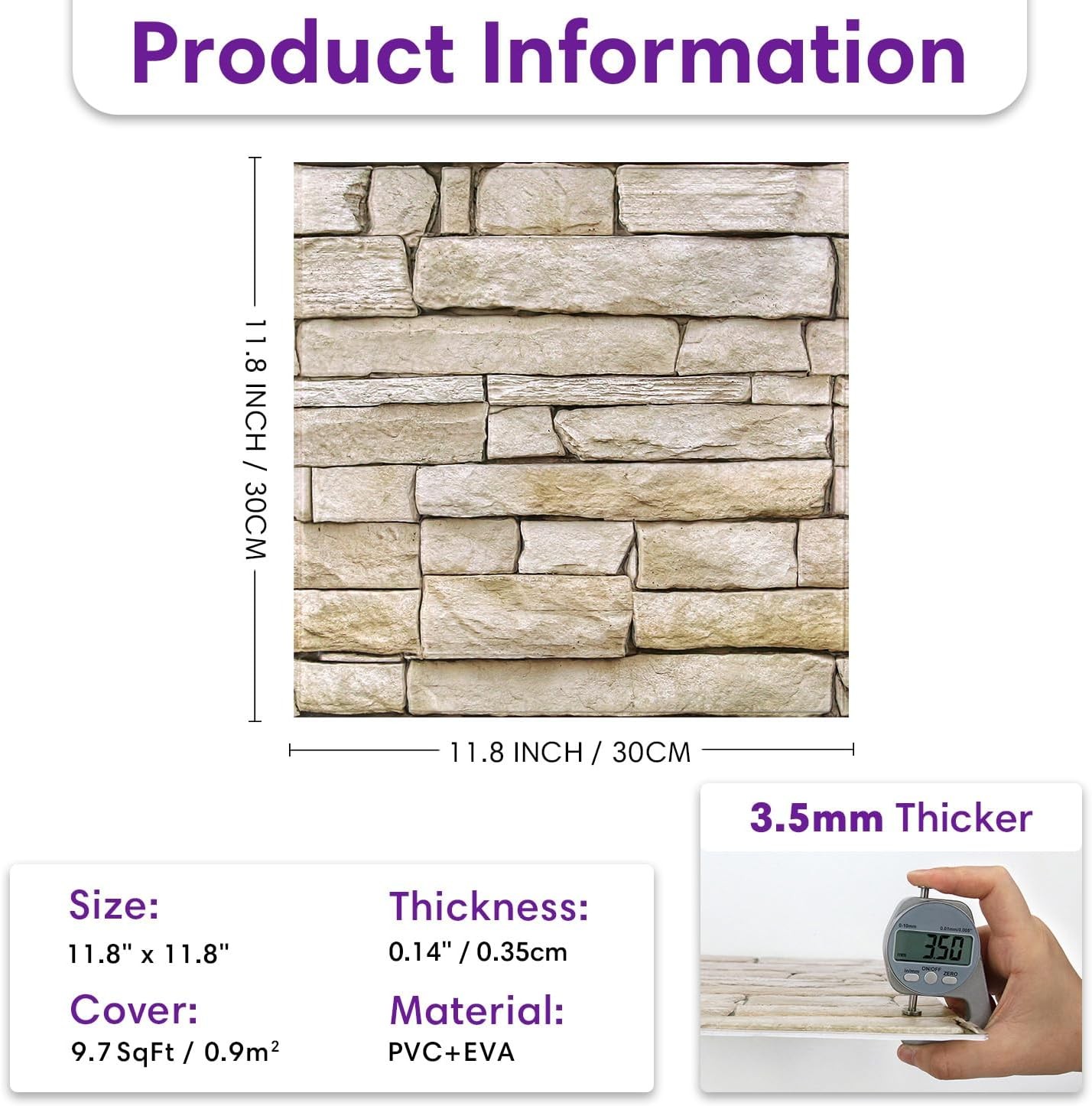 3D Peel and Stick Faux Stone Wall Panels 11.8" x 11.8" 10-Pack, Stone-Look Wall