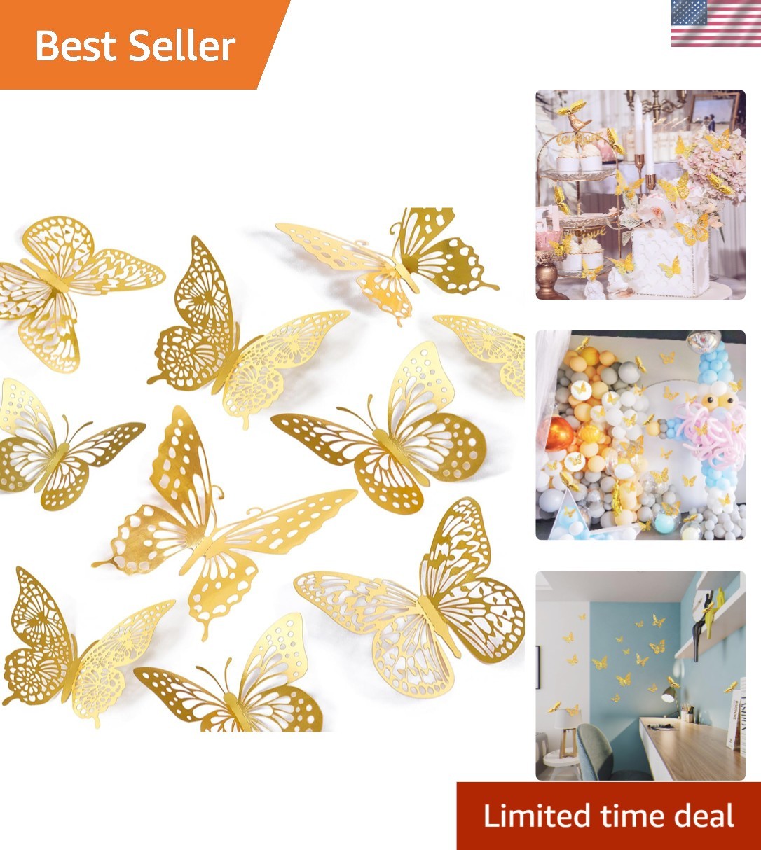 48 Pcs 3D Gold Butterfly Wall Decor – Removable, Shimmery Stickers for Kids