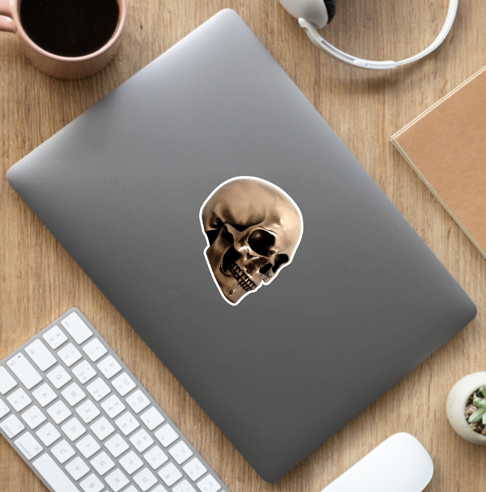Bronze Skull (2 Stickers) 3.5in, Waterproof, Glossy Finish Vinyl.