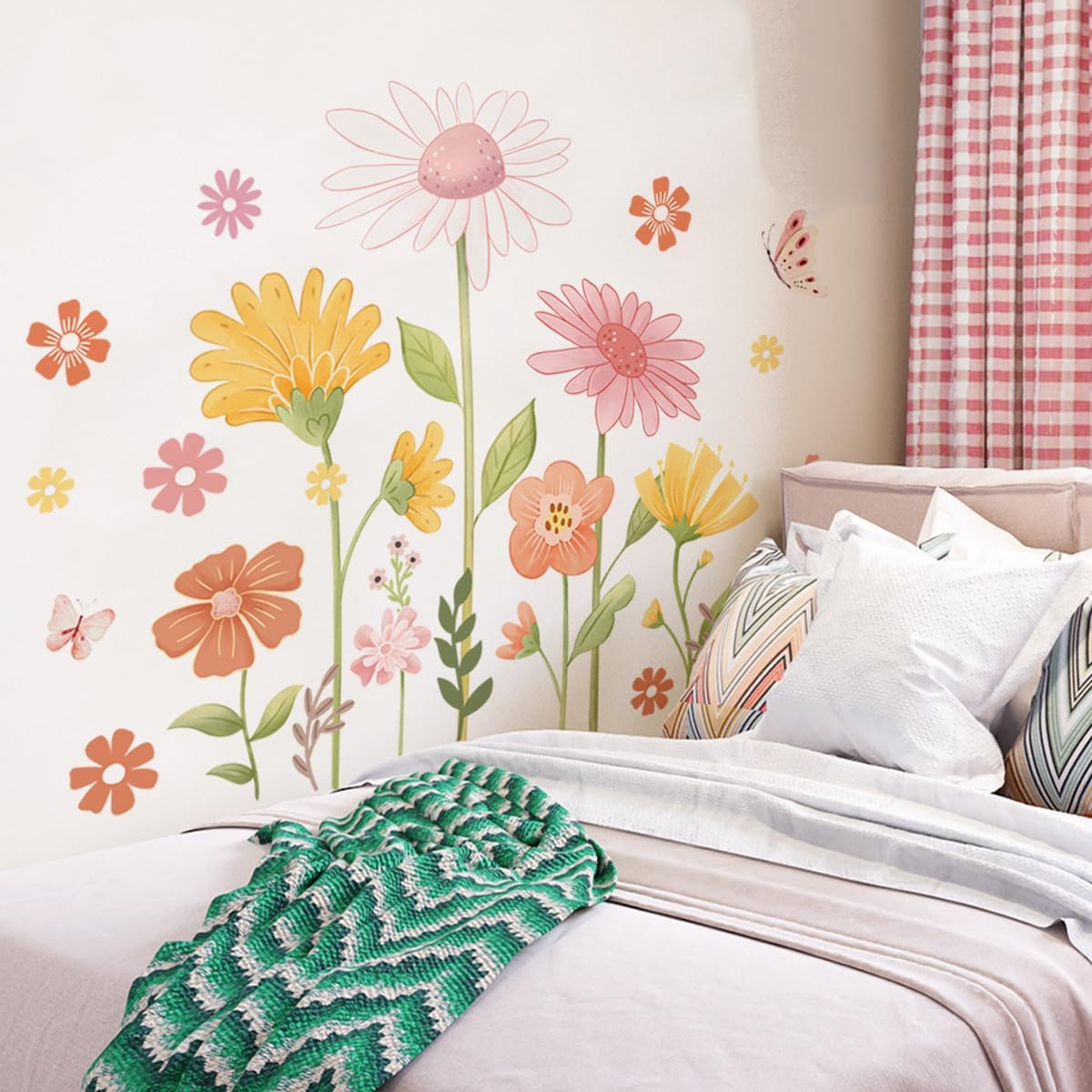 Boho Flower Wall Stickers – Daisy Butterfly Decals, PVC Waterproof Self-Adhesive