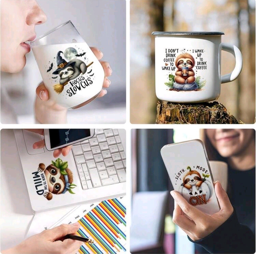 12pcs/Set Sloth Cartoon Vinyl Decal Stickers Waterproof 5.8cm for Coffe Mugs