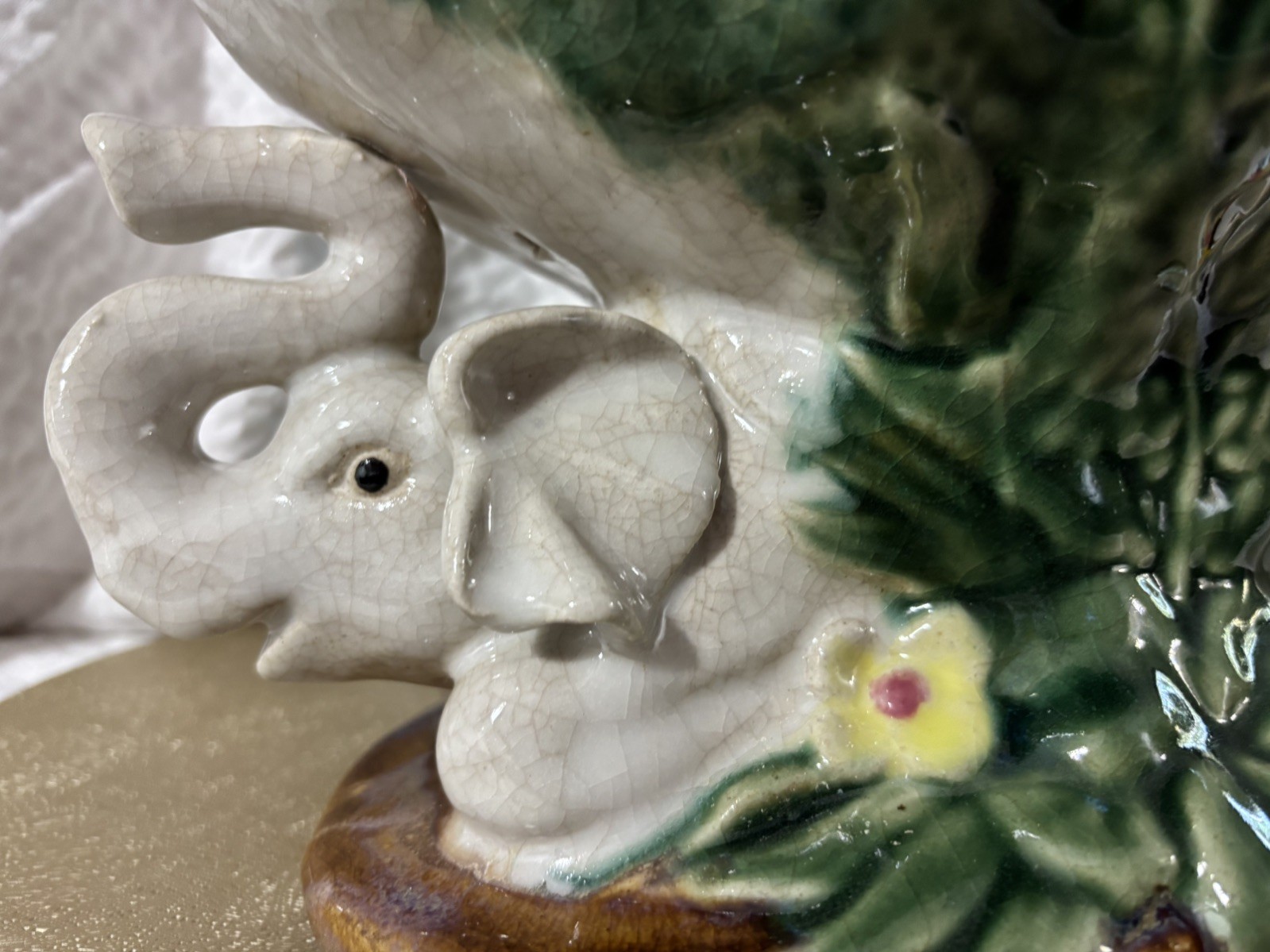 Vintage Italian Majolica Elephant Pedestal Centerpiece Fruit Bowl