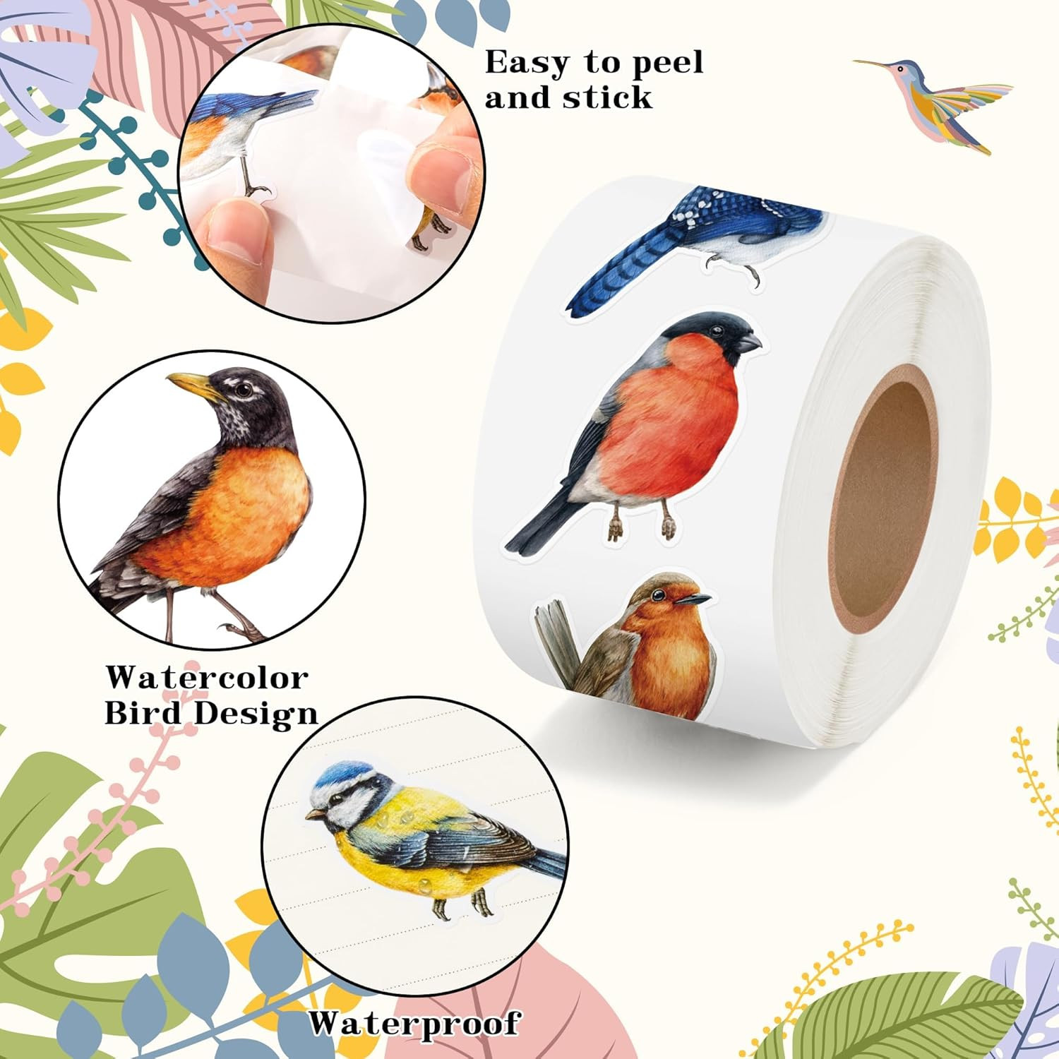 Watercolor Bird Sticker Rolls – 1000 Pcs Waterproof Vinyl Animal Stickers
