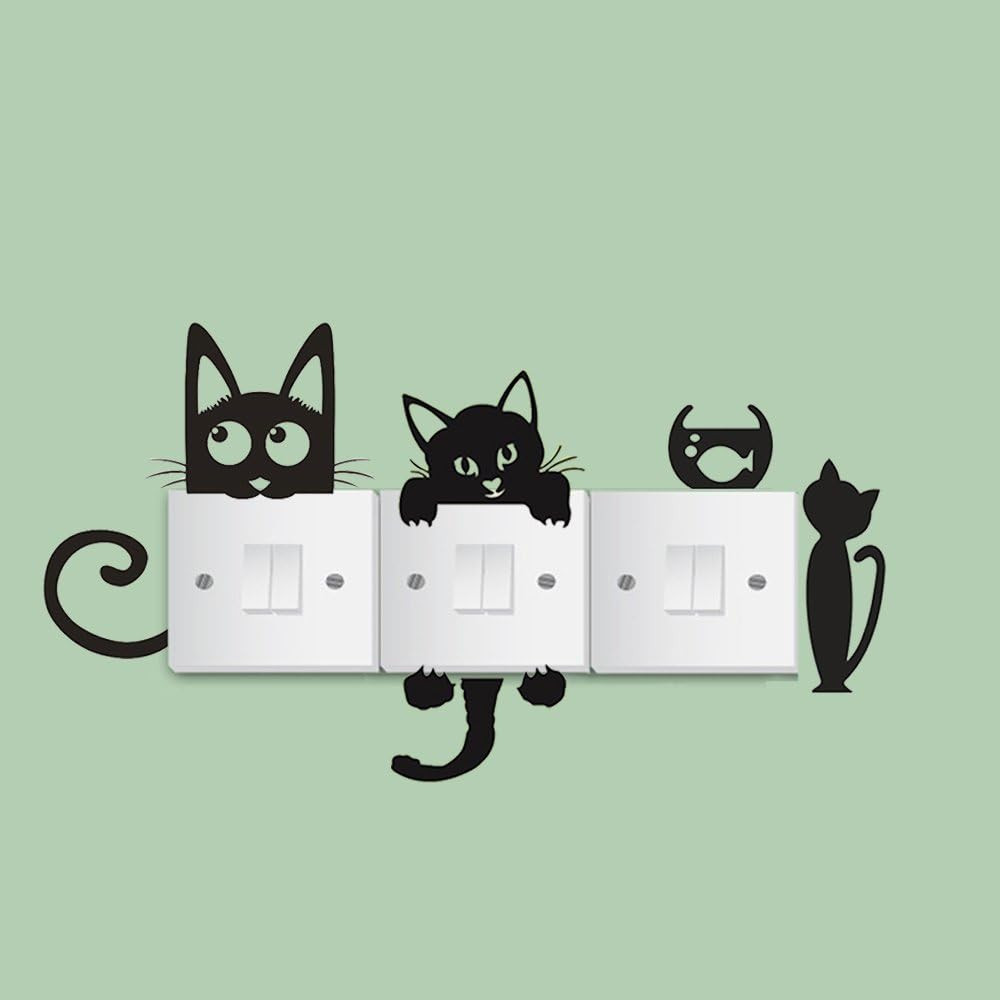 Removable Switch Sticker, 6 Pcs Cute Black Cats Cartoon Wall Sticker, Light Swit