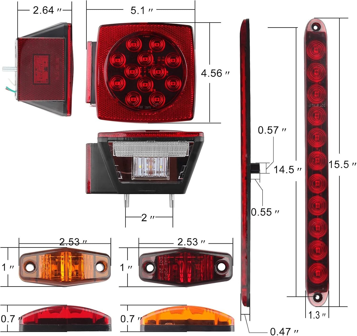 12V Trailer Led Light Kit, 2x Square Led Stop Turn Tail Brake License Plate Runn