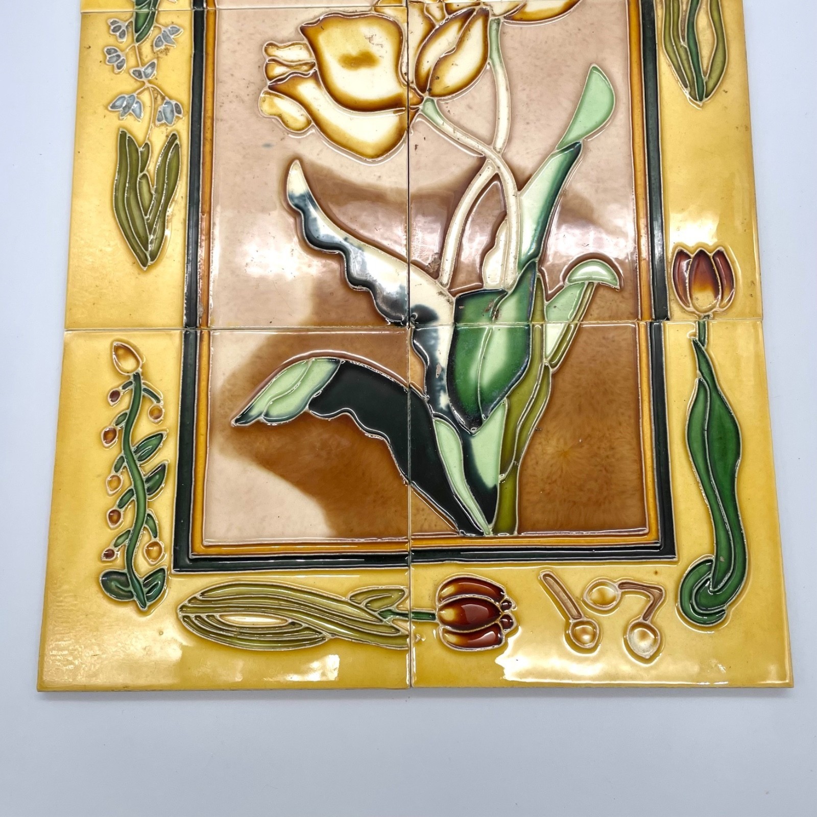 Art Nouveau Style Floral Ceramic Tile Mural 6-Piece Set Yellow Brown