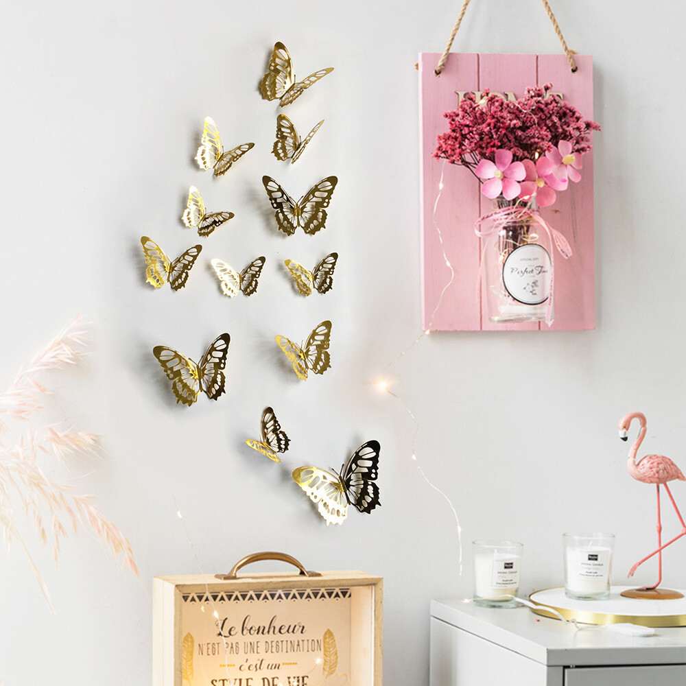 12 pcs 3d cute gold butterfly wall decor, party, wedding, diy