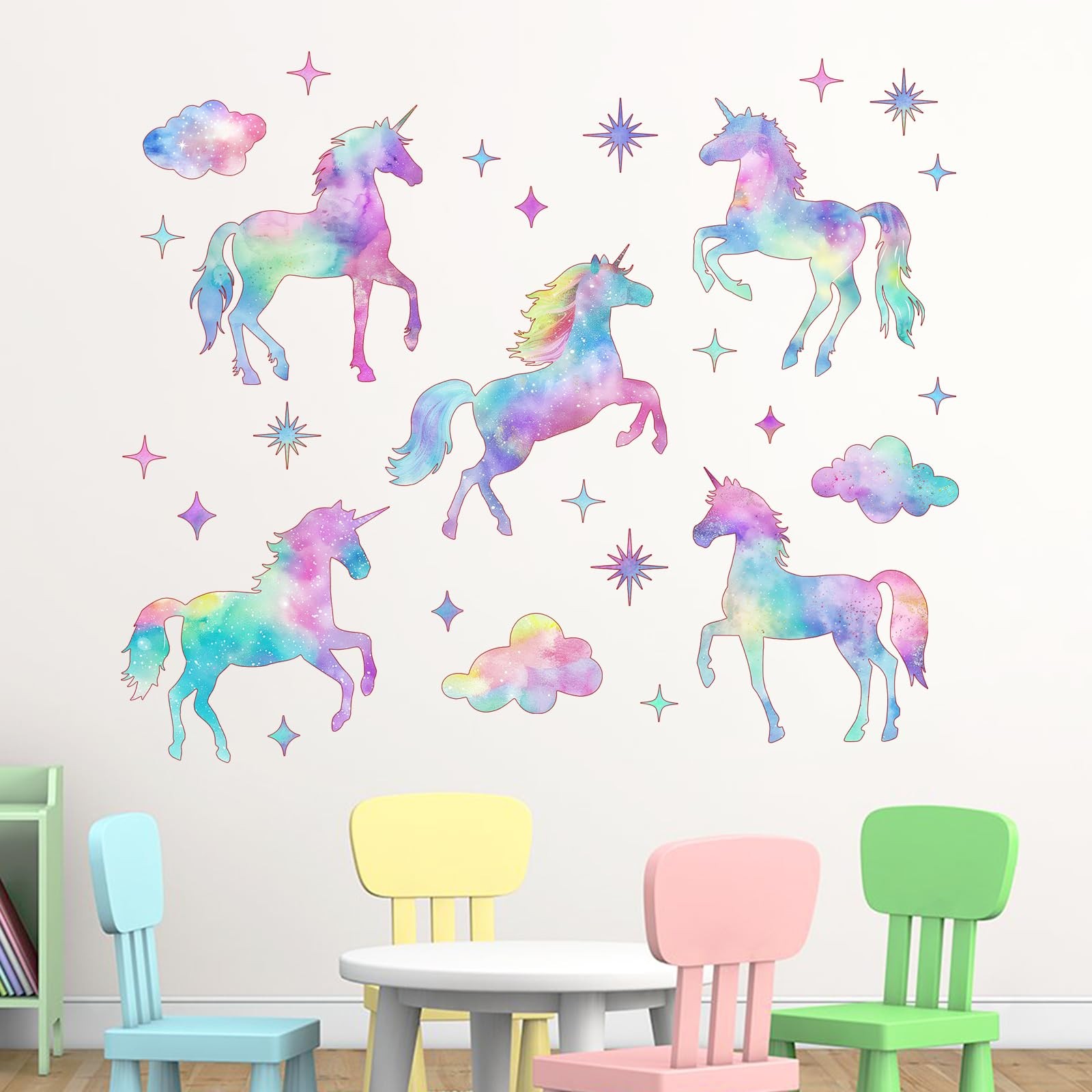Galaxy Unicorn Wall Decals Stickers, Pastel Gradient Glitter Clouds Stars Nur…