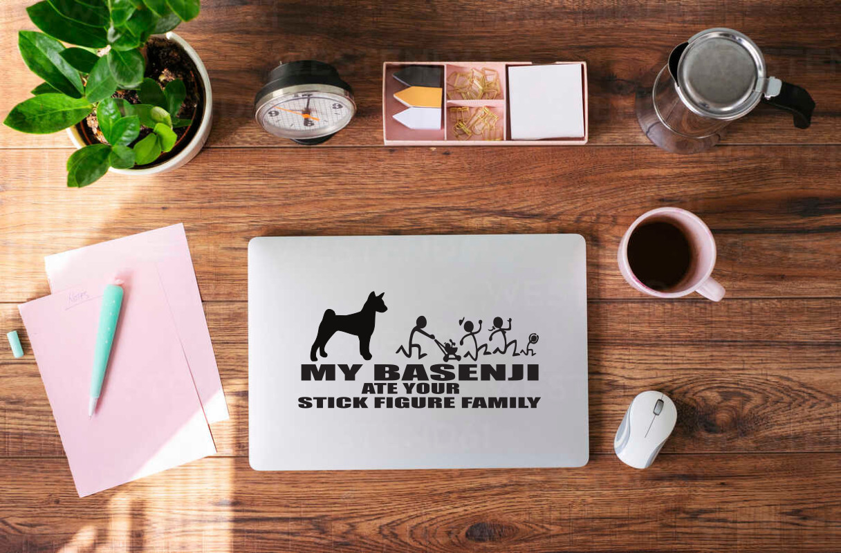 Funny Vinyl Decal: 'My Basenji Ate Your Stick Figure Family' #9009S