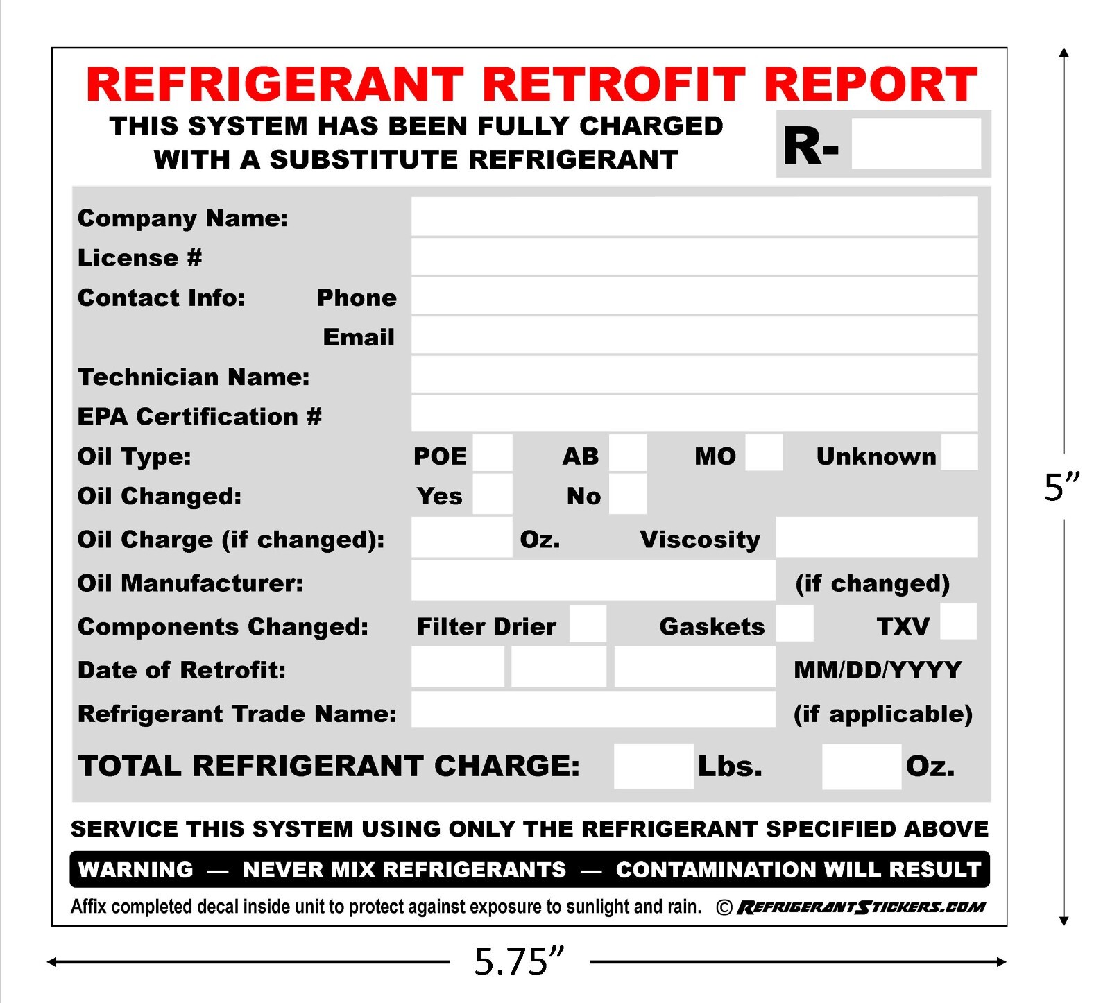 HVACR Refrigerant Retrofit Report Decal Stickers X10 – R438A R407C R421A etc.