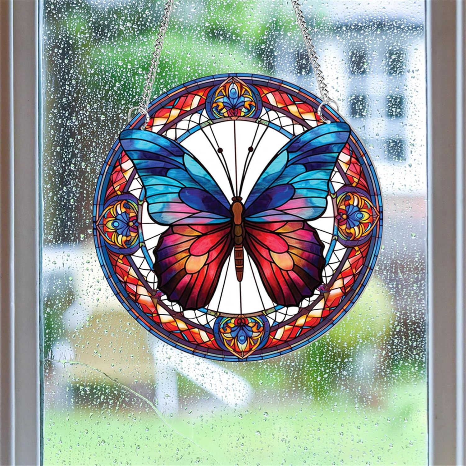 Round Butterfly Window Hanging Panel 11.8in Colorful Acrylic Suncatcher Decor