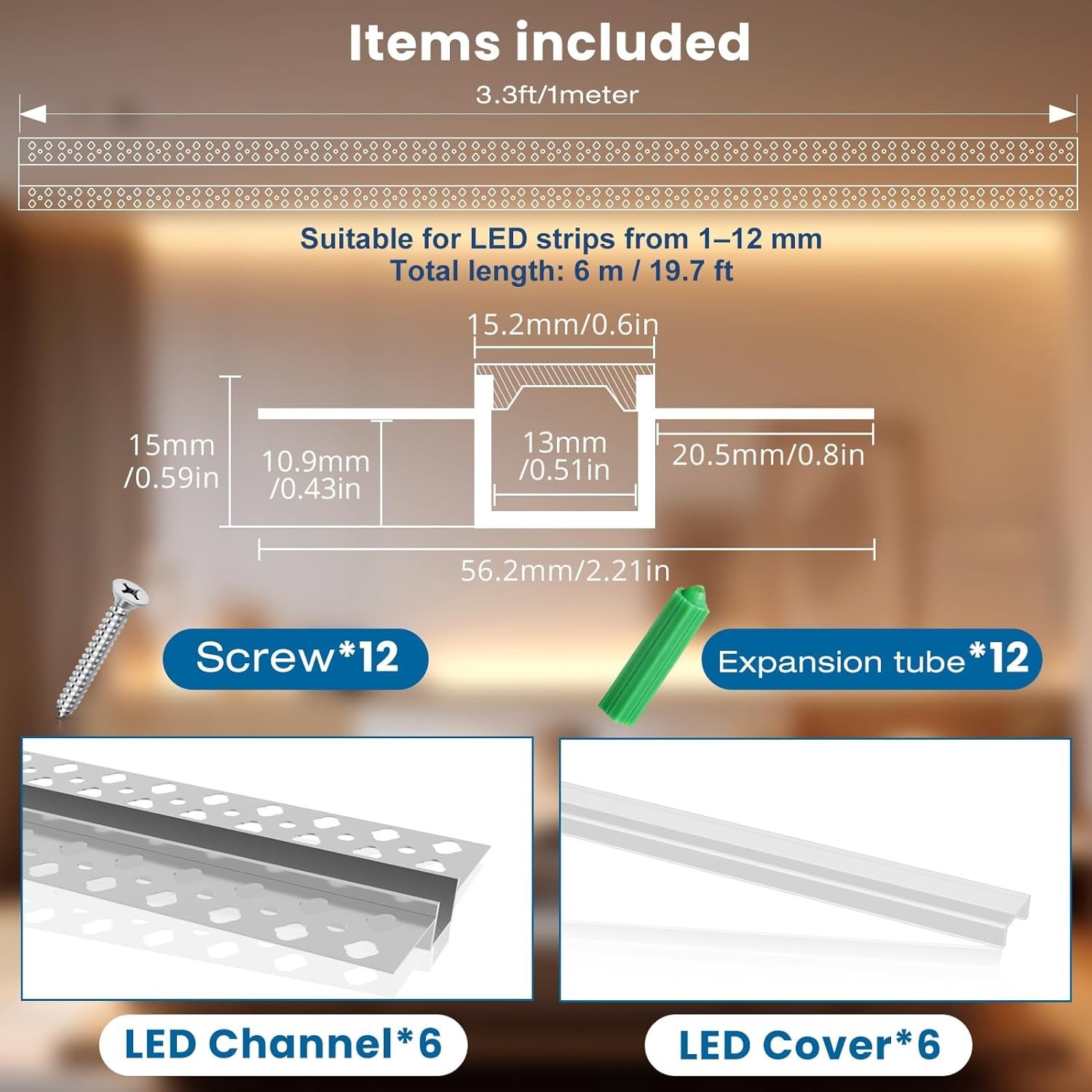 Aluminum LED Channel 6 Pack 1M (3.3FT) Each, Plaster-In Recessed Aluminum Profil