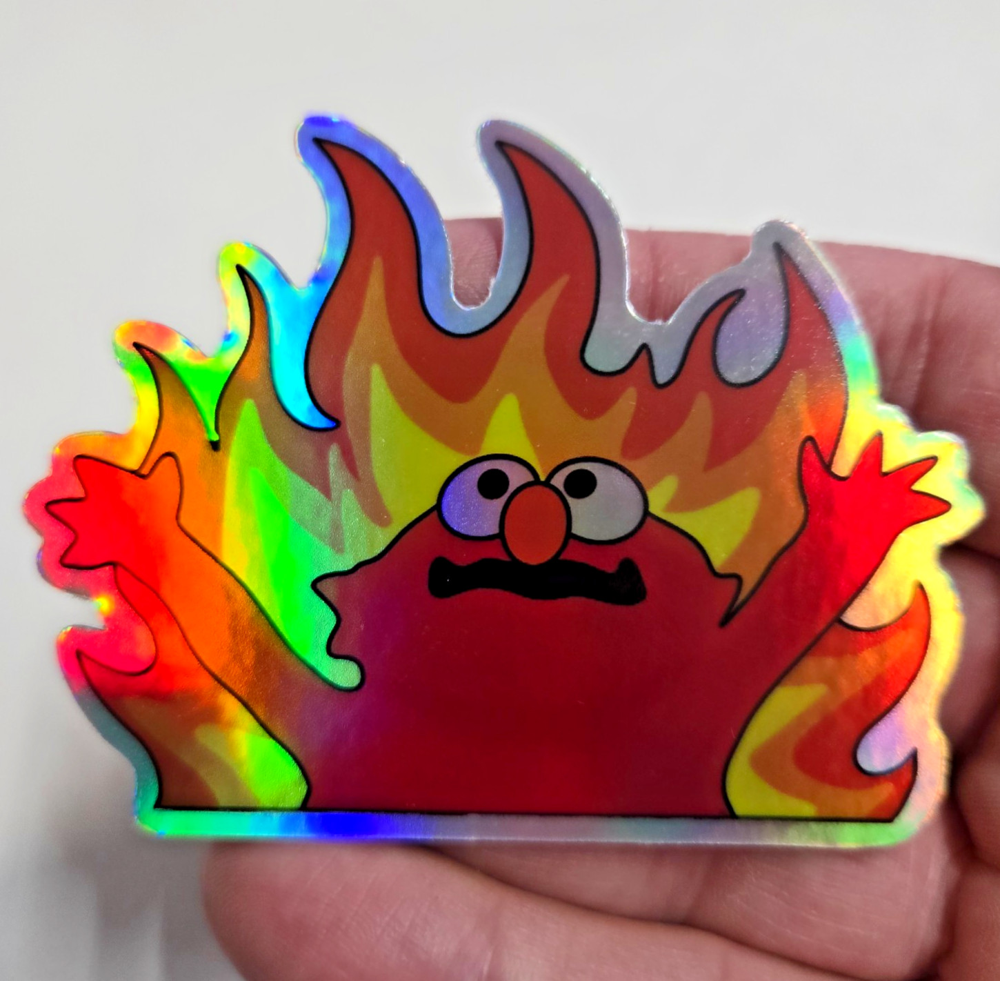 Burning Elmo Meme Holographic Sticker Waterproof & UV proof, Thick Decal