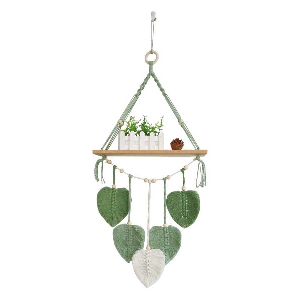 Green Woven Wall Shelf for Plants Bohemian Macrame For Living Room Decor