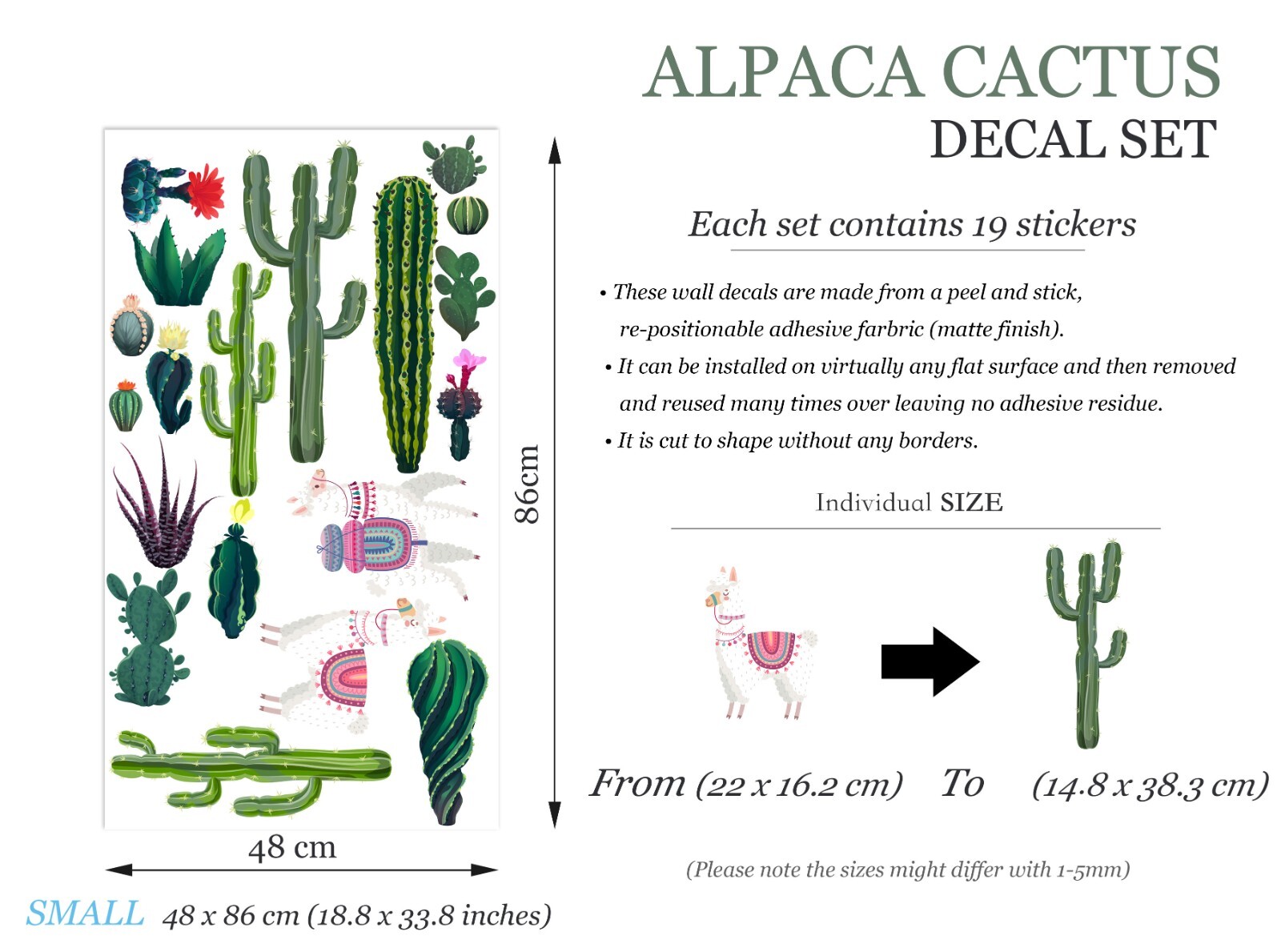 Alpaca Cactus Succulent Plants Wall Fabric Nursery Decal Set Sticker Room Gift