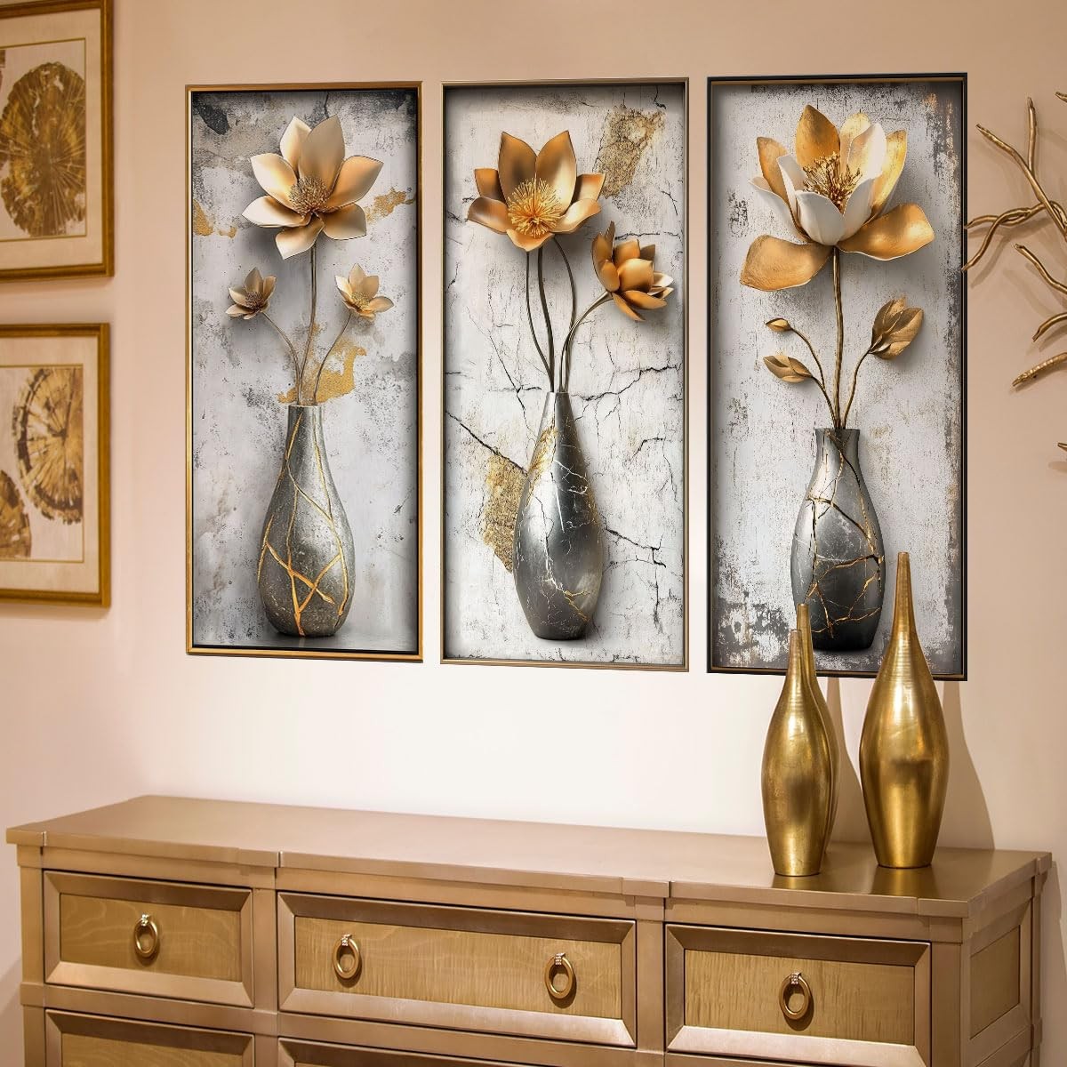 3D Flower Wall Art Stickers Gold Floral Vase Wall Decals Peel and Stick Livin…