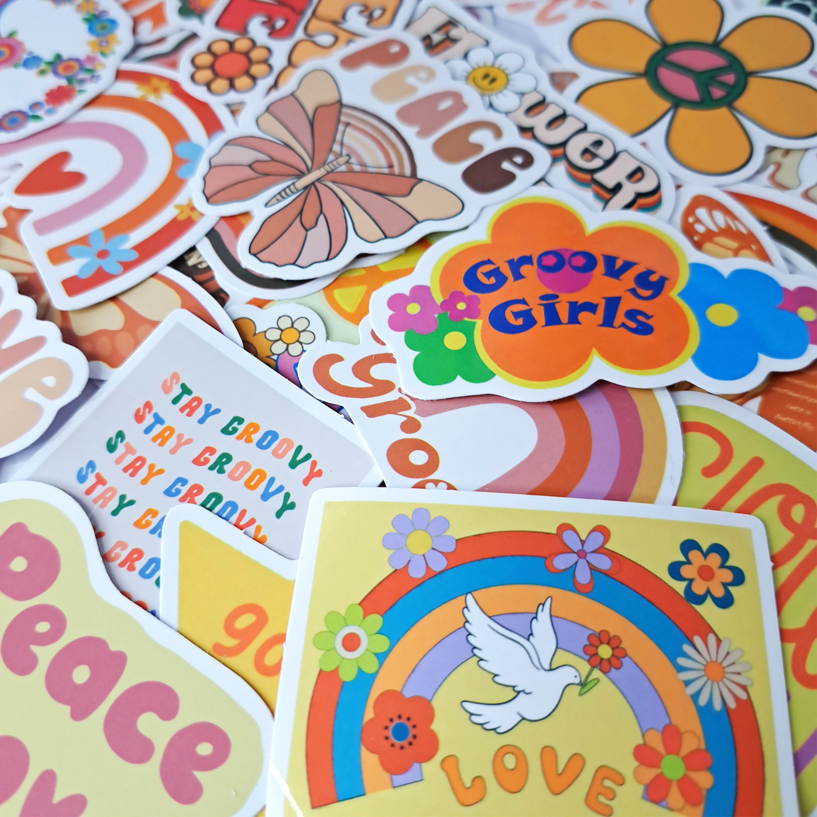 50 PCS Groovy Hippie Sticker Pack Peace Love Positive Vibes Boho Crafts Stickers