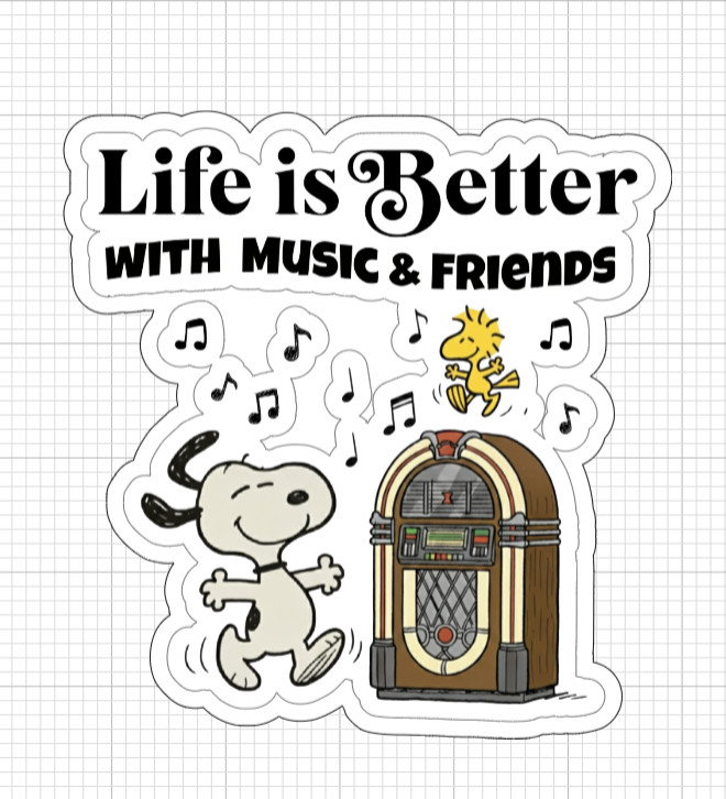 (2) Snoopy Woodstock Sticker Life Is Better With Music Friends Vinyl Jukebox