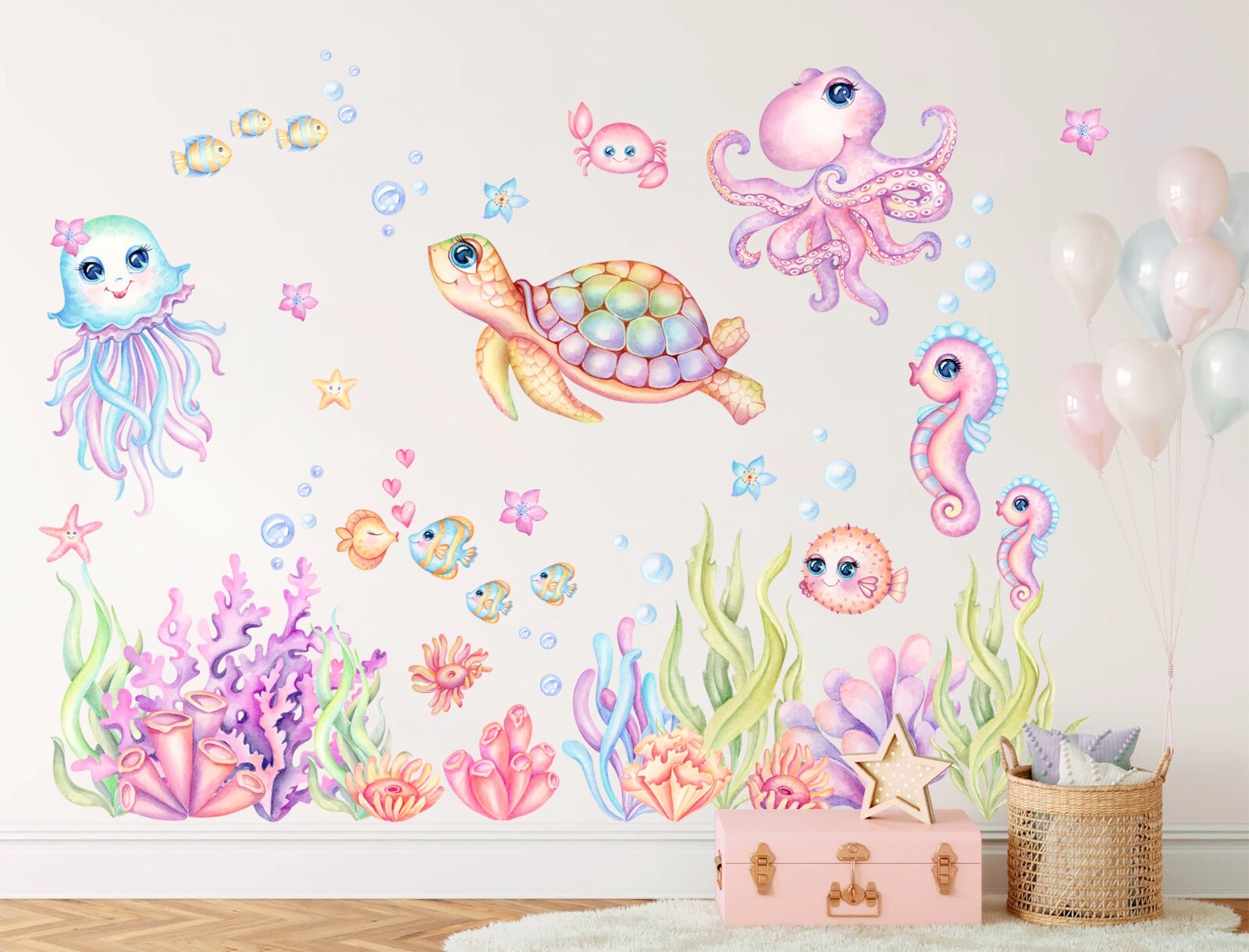 Baby Turtle Octopus Seahorse marine life Underwater World Wall Decal Sticker