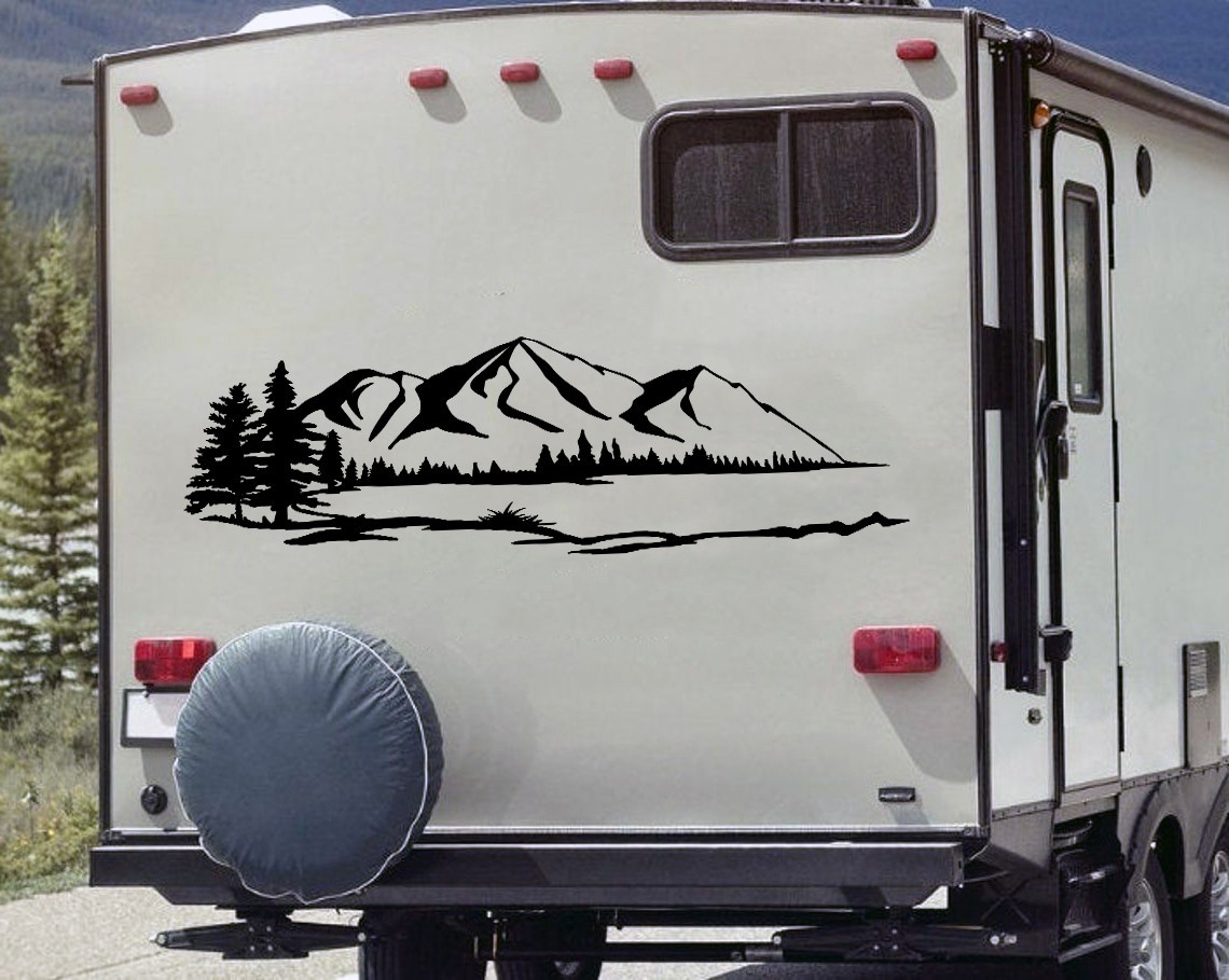 Lake Mountain Scene V3 Vinyl Sticker Decal Camper RV Trailer Nature Landscape