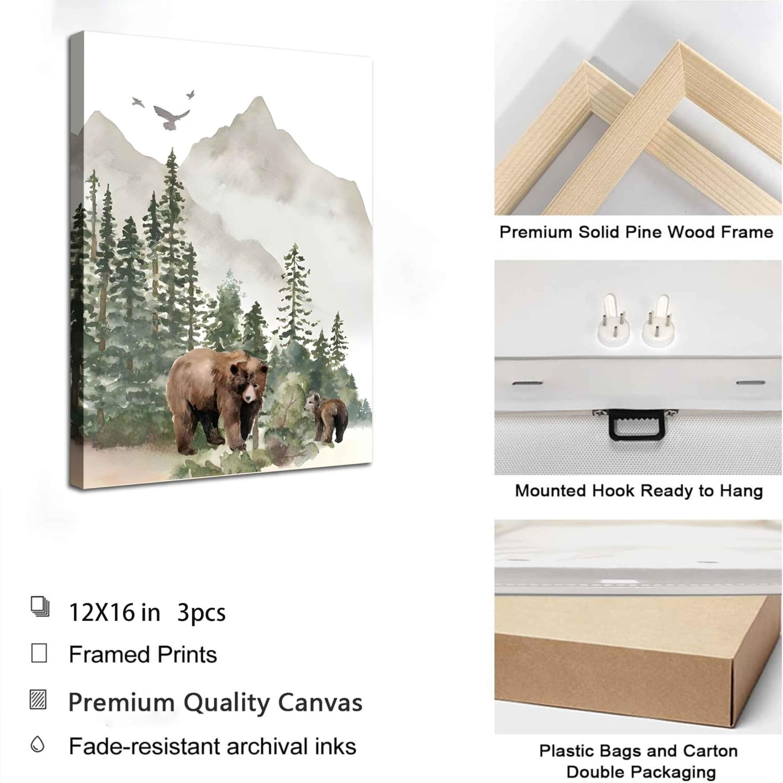 3Pcs Woodland Nursery Wall Art Wild Animals Posters Pictures Foggy Forest Can…