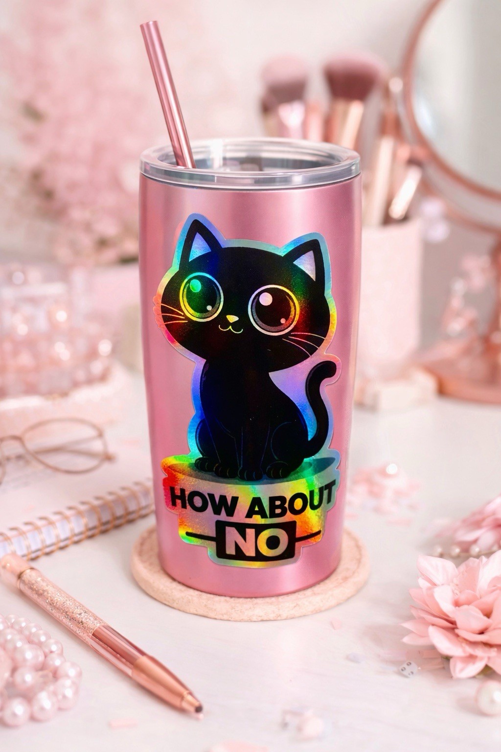 Cute Holographic Cat Sticker 2.5 In X 4 In Funny “how About No”, Vinyl Decal Car