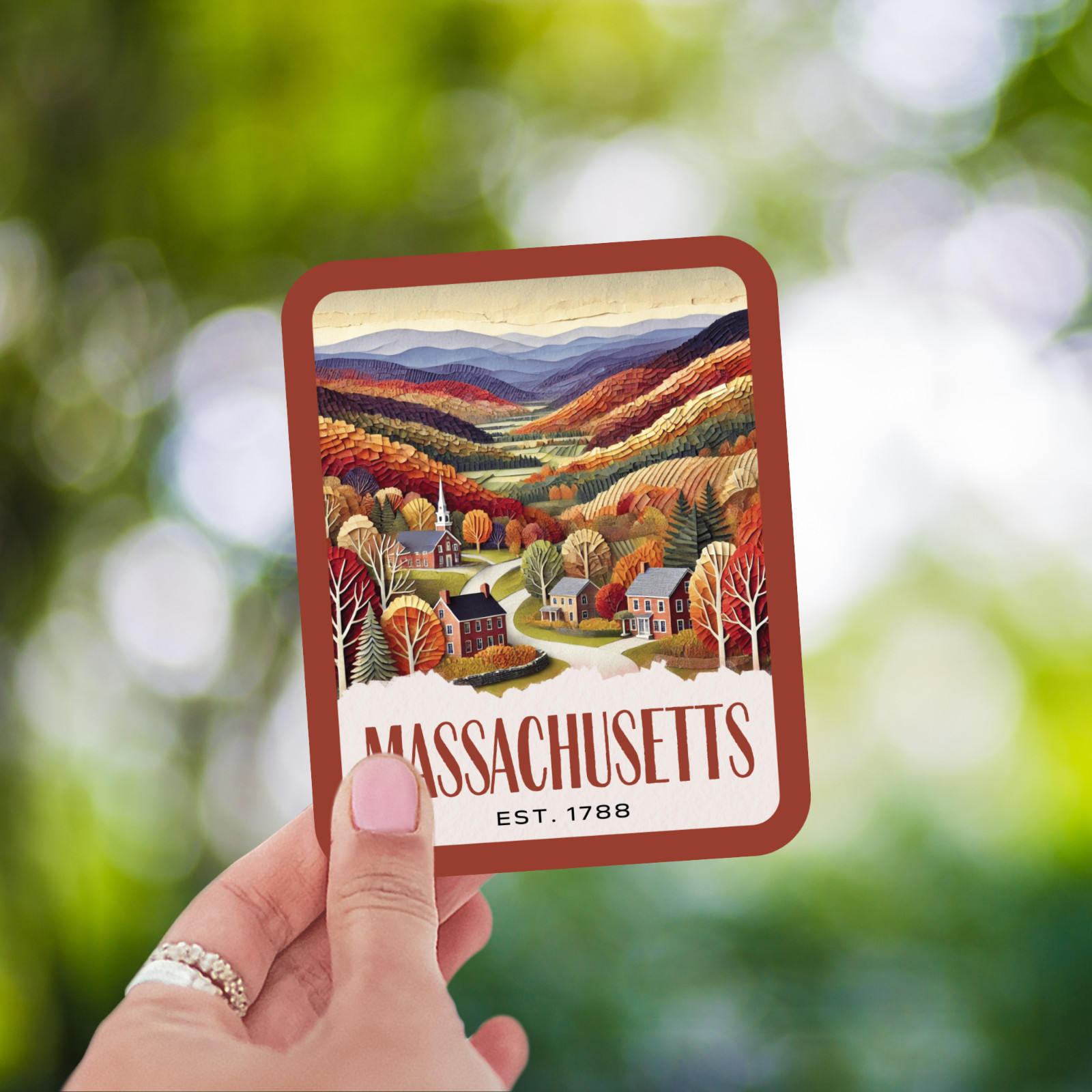 Massachusetts State Sticker, Paper Collage Look, Berkshire Village Vinyl Decal