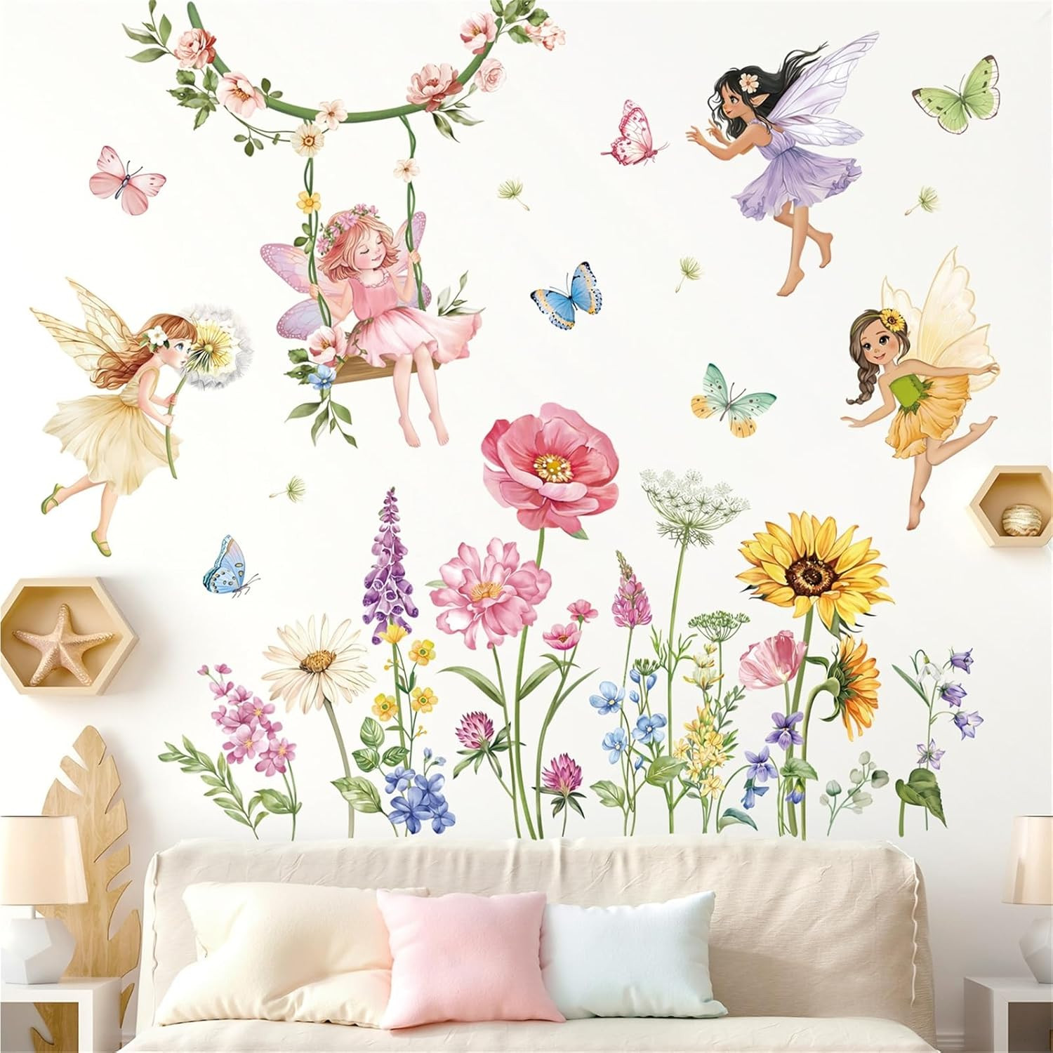 Flower Fairy Wall Decals Butterfly Girl with Wildflower Sunflower Wall Sticke…