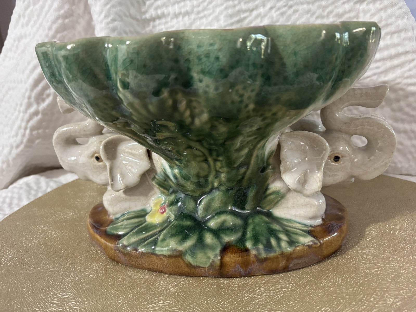 Vintage Italian Majolica Elephant Pedestal Centerpiece Fruit Bowl