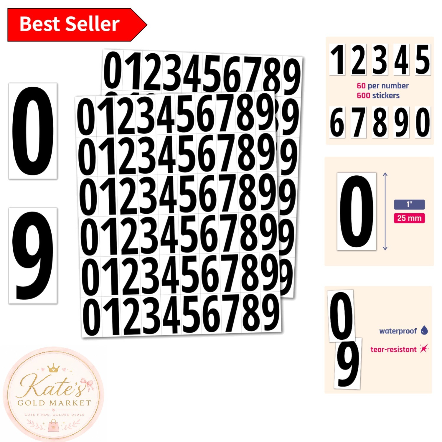 Versatile Waterproof Vinyl Number Stickers – 600 Black On White Decals, 1 inch